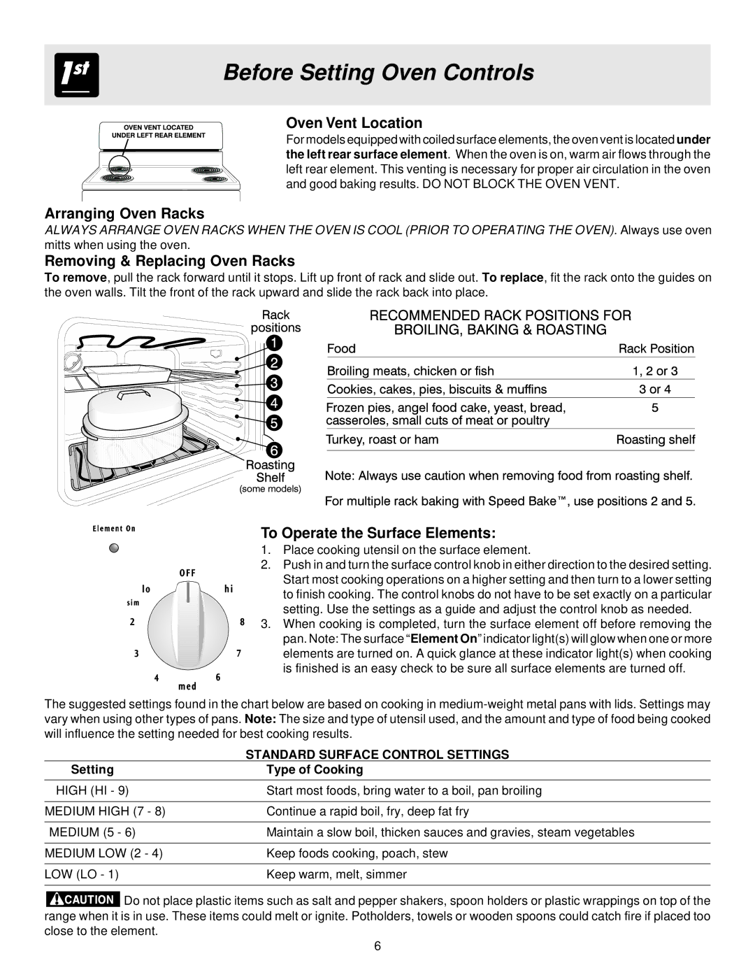 White-Westinghouse ES200/300 manual Before Setting Oven Controls, Oven Vent Location, Arranging Oven Racks 