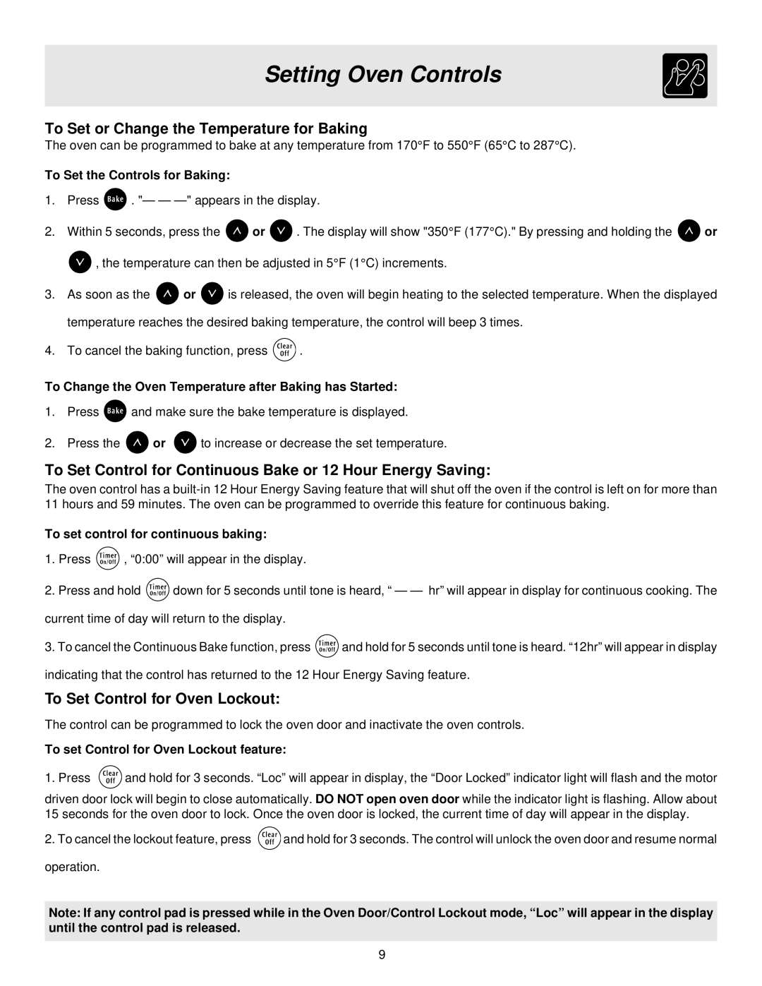 White-Westinghouse ES200/300 manual To Set or Change the Temperature for Baking, To Set Control for Oven Lockout 