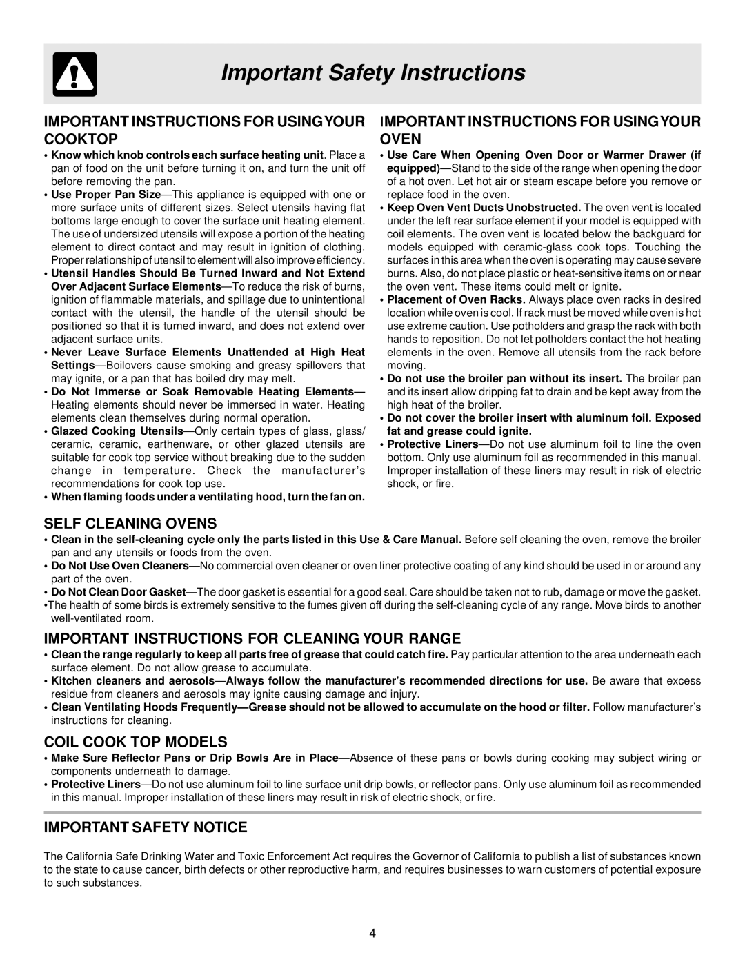 White-Westinghouse ES200/300 manual Important Instructions For Usingyour Cooktop, Important Instructions For Usingyour Oven 