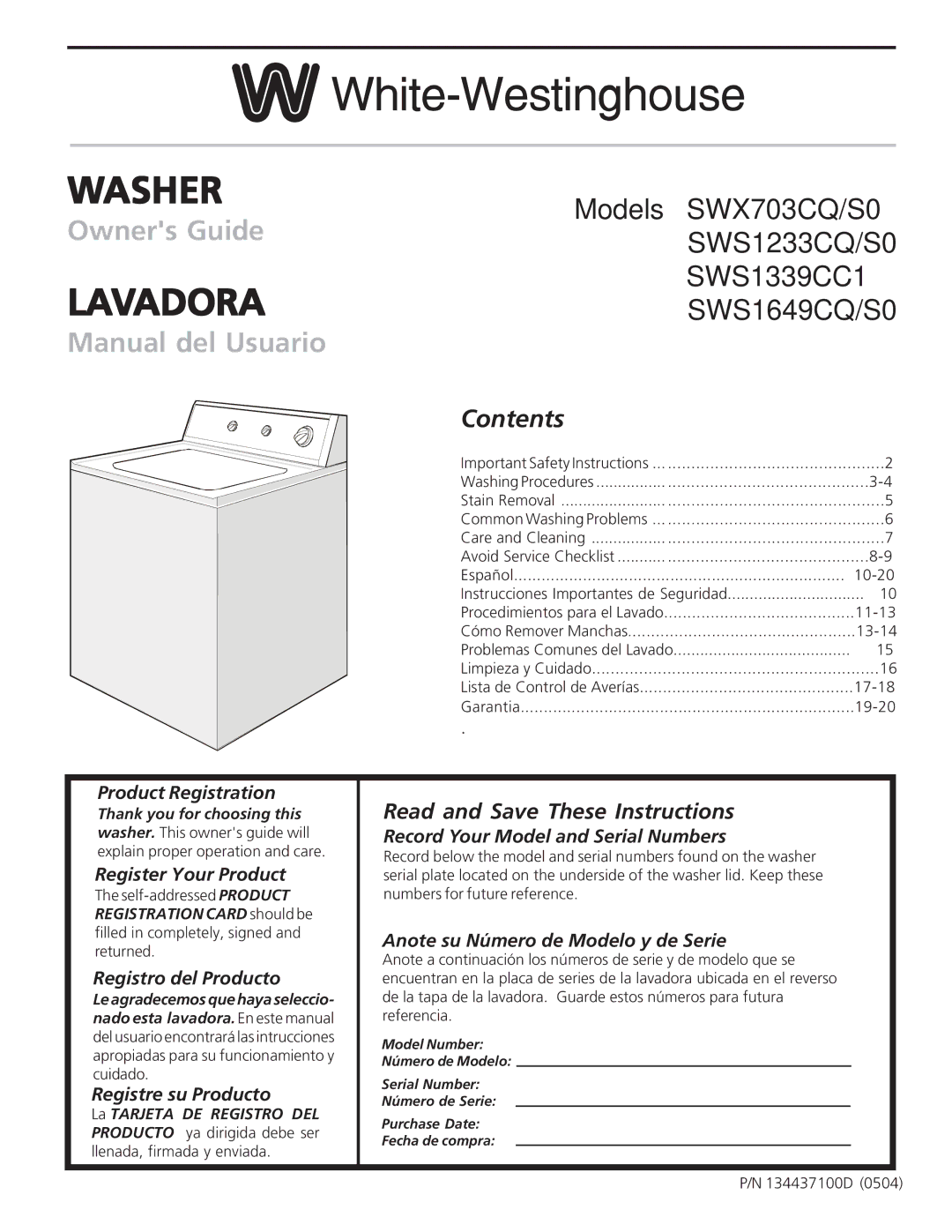 White-Westinghouse SWS1649CQ/S0, SWX703CQ/S0, SWS1339CC1, SWS1233CQ/S0 important safety instructions Washer 