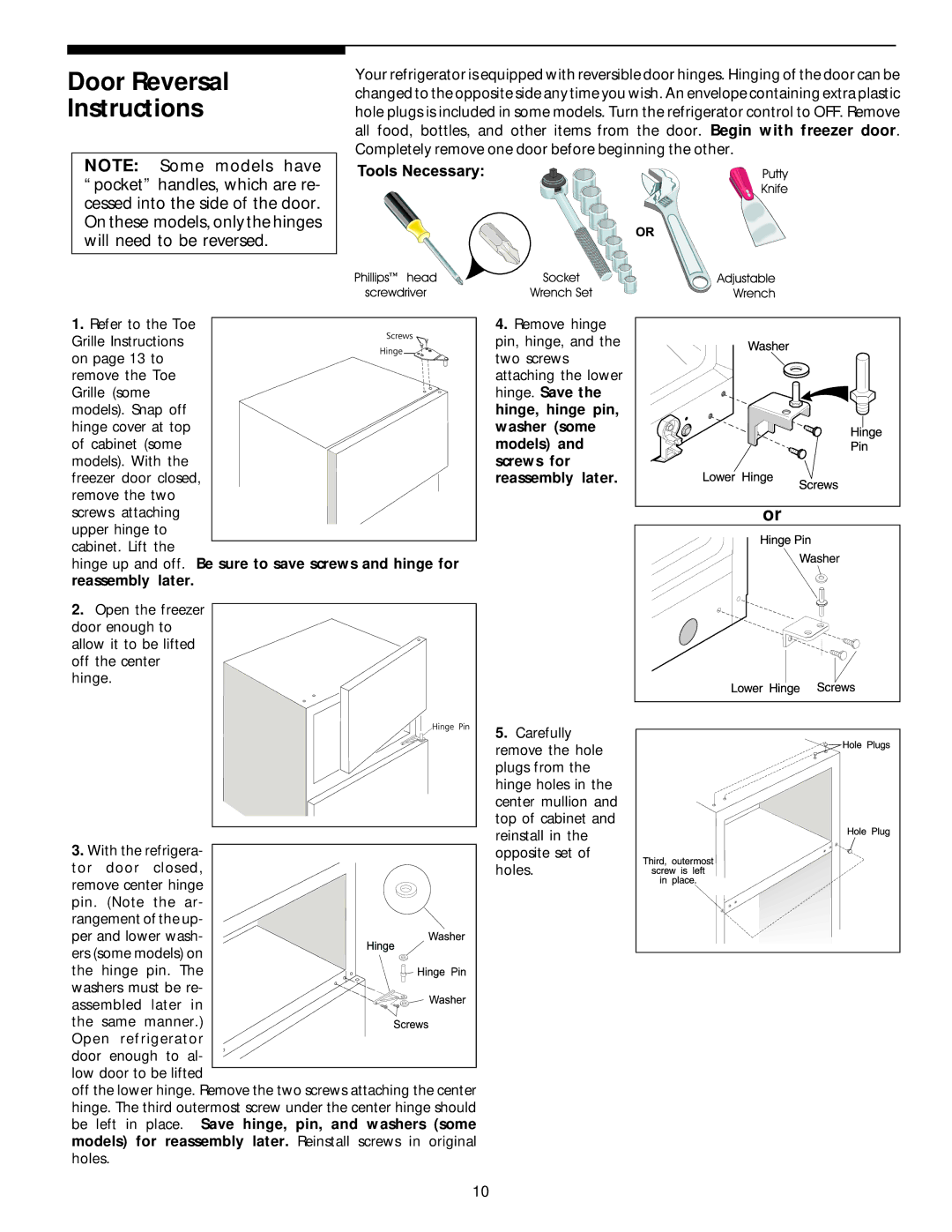 White-Westinghouse Top Freezer manual Door Reversal Instructions 