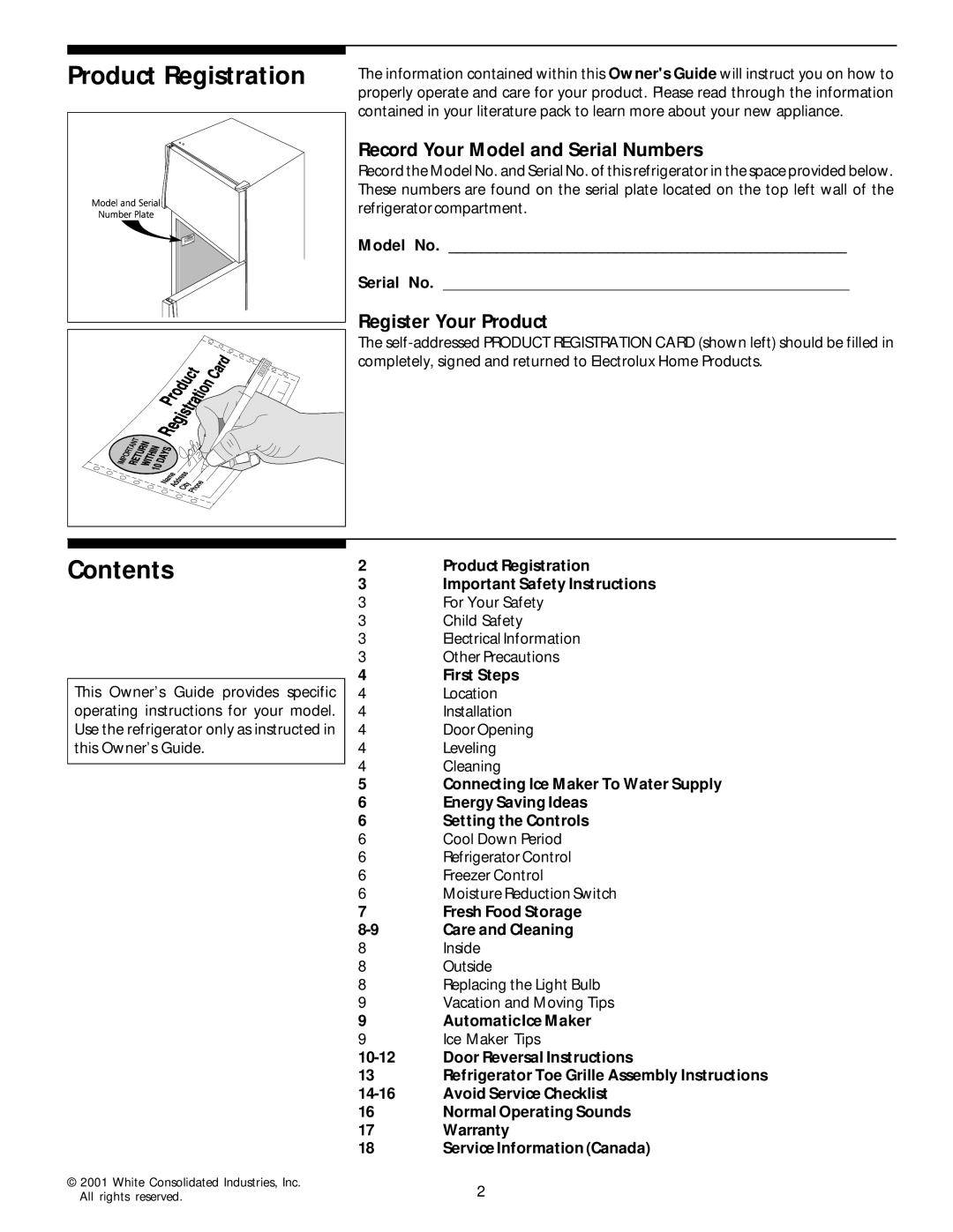 White-Westinghouse Top Freezer manual Product Registration, Contents 