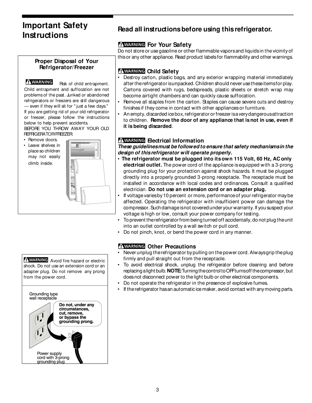 White-Westinghouse Top Freezer manual Important Safety Instructions, For Your Safety 