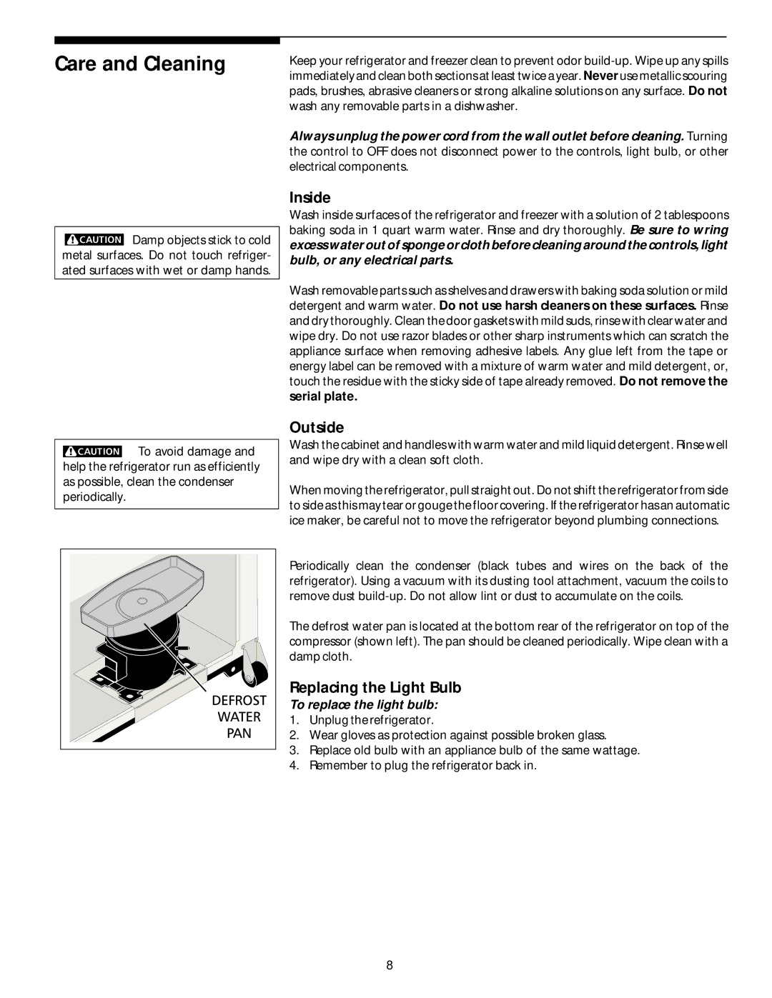 White-Westinghouse Top Freezer manual Care and Cleaning, Inside, Outside, Replacing the Light Bulb 