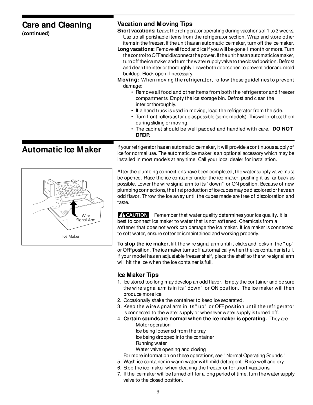 White-Westinghouse Top Freezer manual Automatic Ice Maker, Vacation and Moving Tips, Ice Maker Tips 