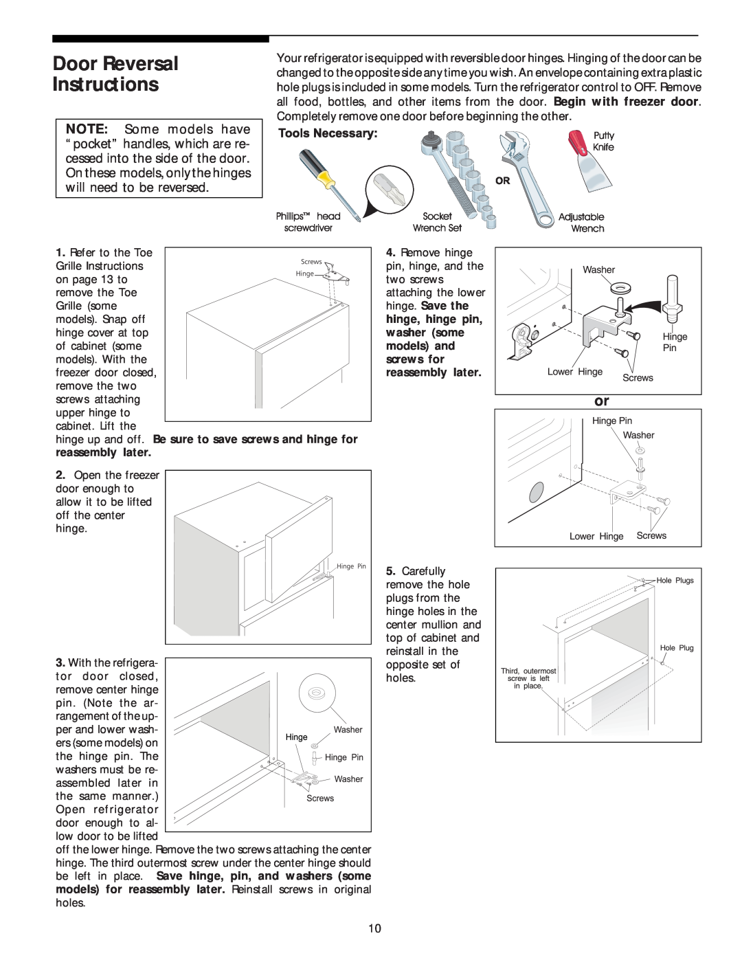White-Westinghouse Top Freezer manual Door Reversal Instructions 