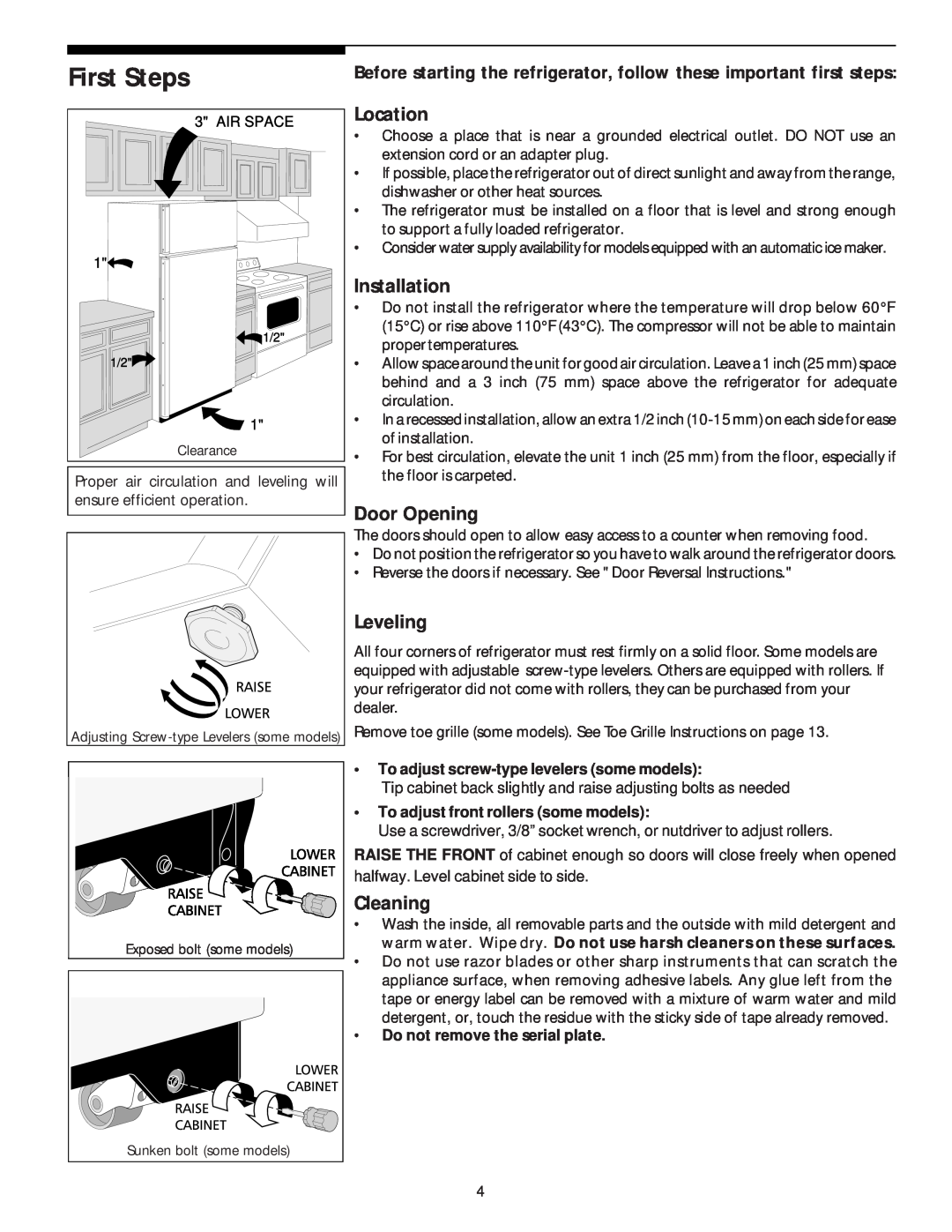 White-Westinghouse Top Freezer manual First Steps, Location, Installation, Door Opening, Leveling, Cleaning 