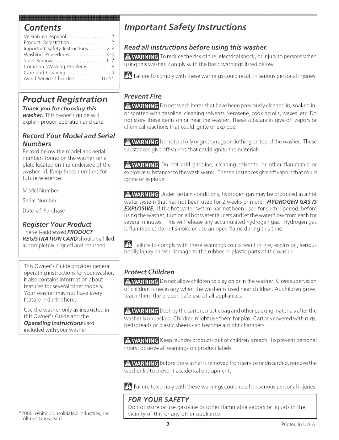 White-Westinghouse Washer manual Read all instructions before using this washer, Record Your Model and Serial, Prevent Fire 