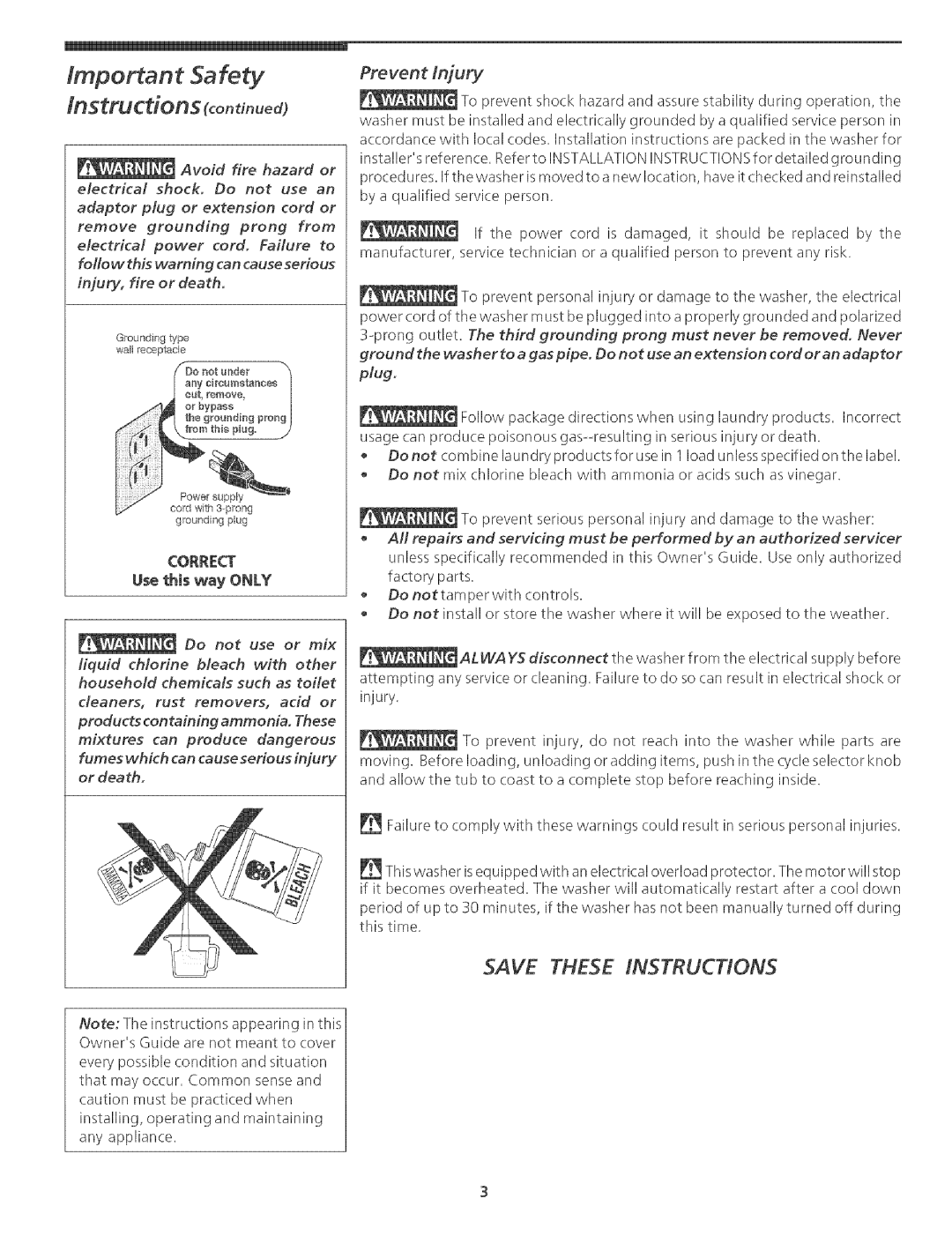 White-Westinghouse Washer manual Important Safety, Do not use or mix Liquid chlorine bleach with other 