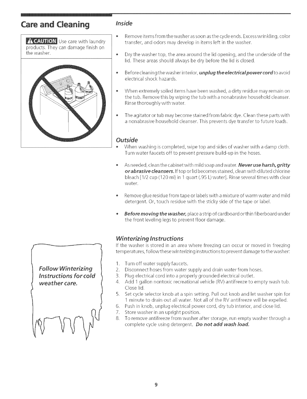 White-Westinghouse Washer manual Inside, Instructionsforcold weather care, Outside, Winterizing Instructions 