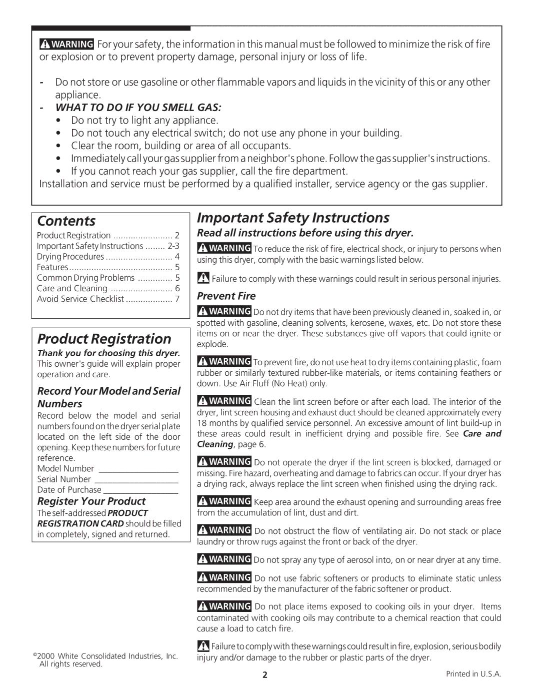 White-Westinghouse White-Westinghouse DRYER manual Contents 