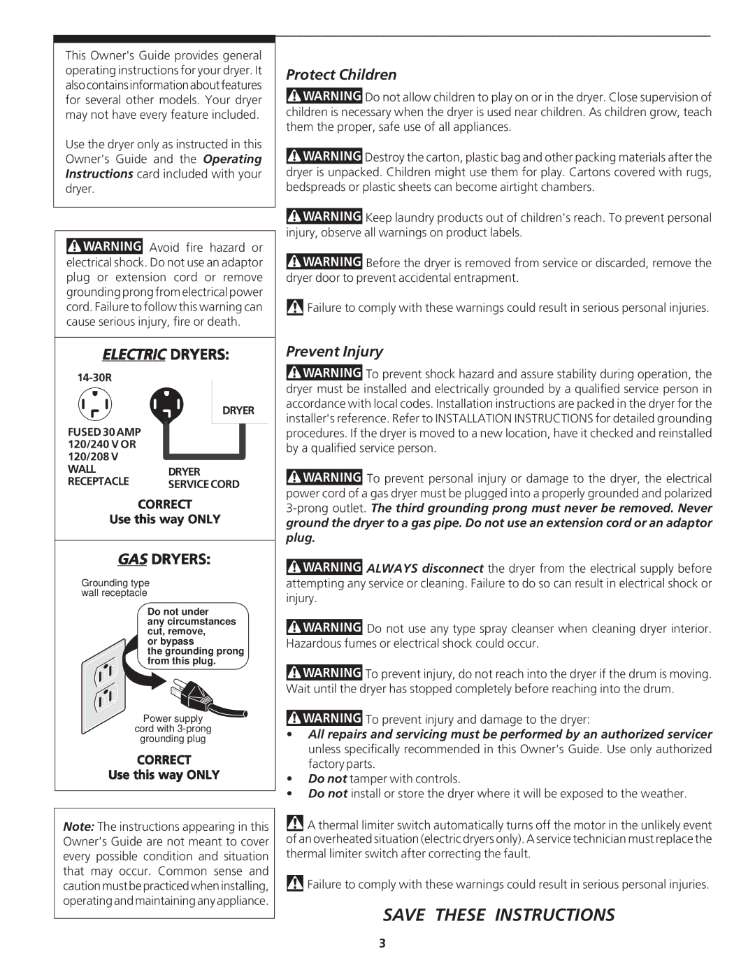 White-Westinghouse White-Westinghouse DRYER manual Electric Dryers, GAS Dryers, Protect Children, Prevent Injury 