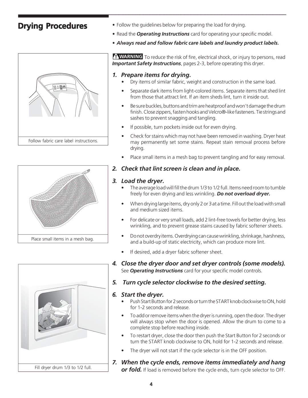 White-Westinghouse White-Westinghouse DRYER manual Drying Procedures, Prepare items for drying 