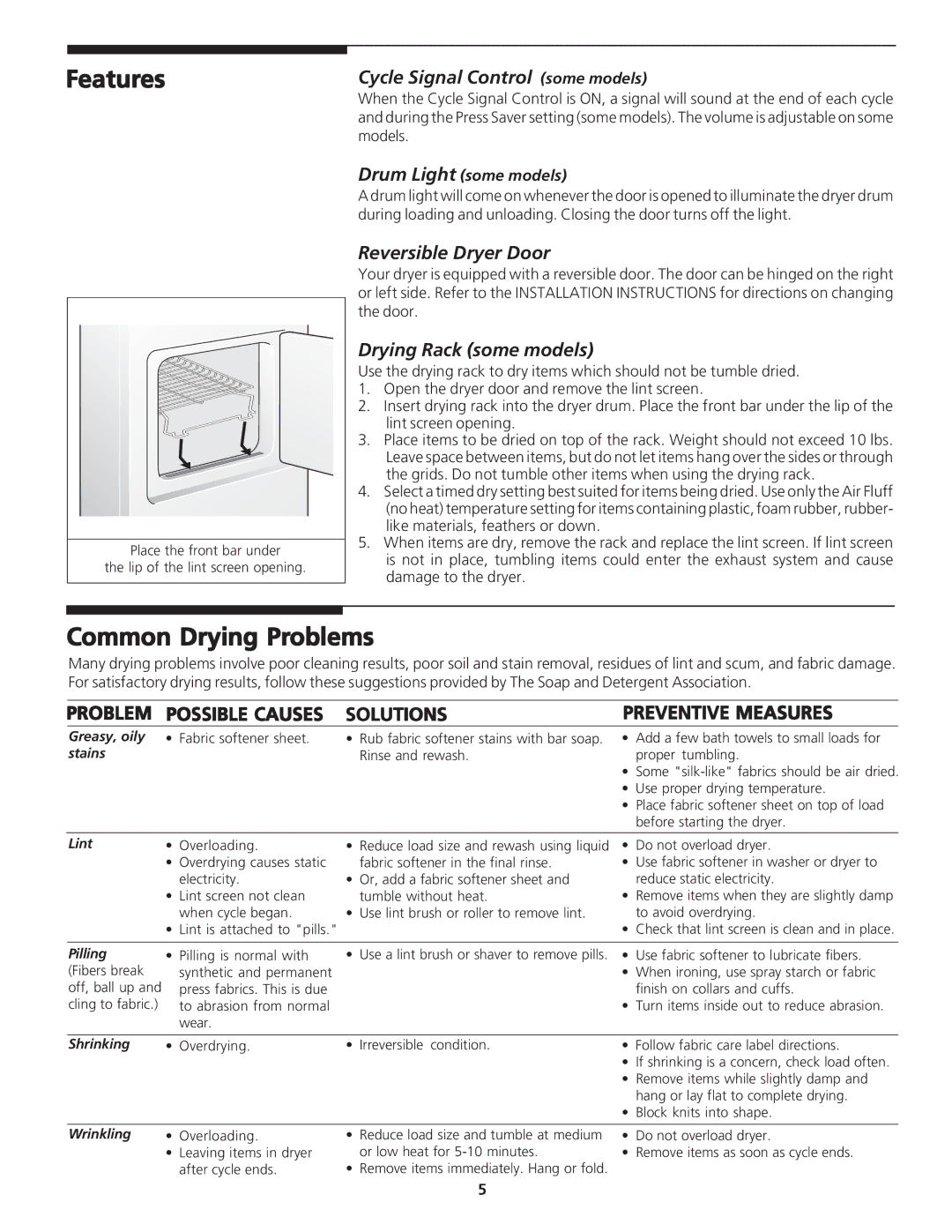 White-Westinghouse White-Westinghouse DRYER manual Features, Common Drying Problems, Cycle Signal Control some models 