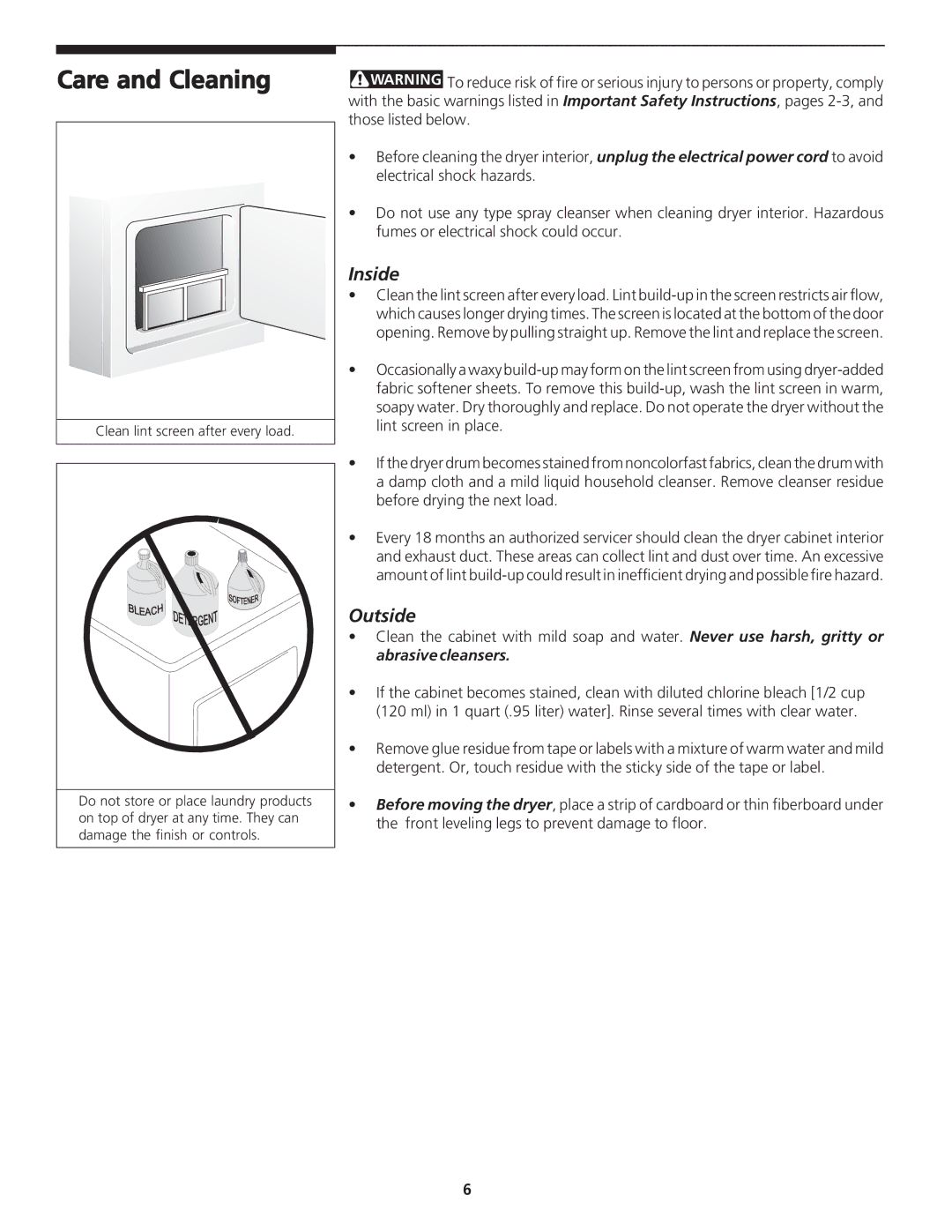 White-Westinghouse White-Westinghouse DRYER manual Care and Cleaning, Inside, Outside, Clean lint screen after every load 