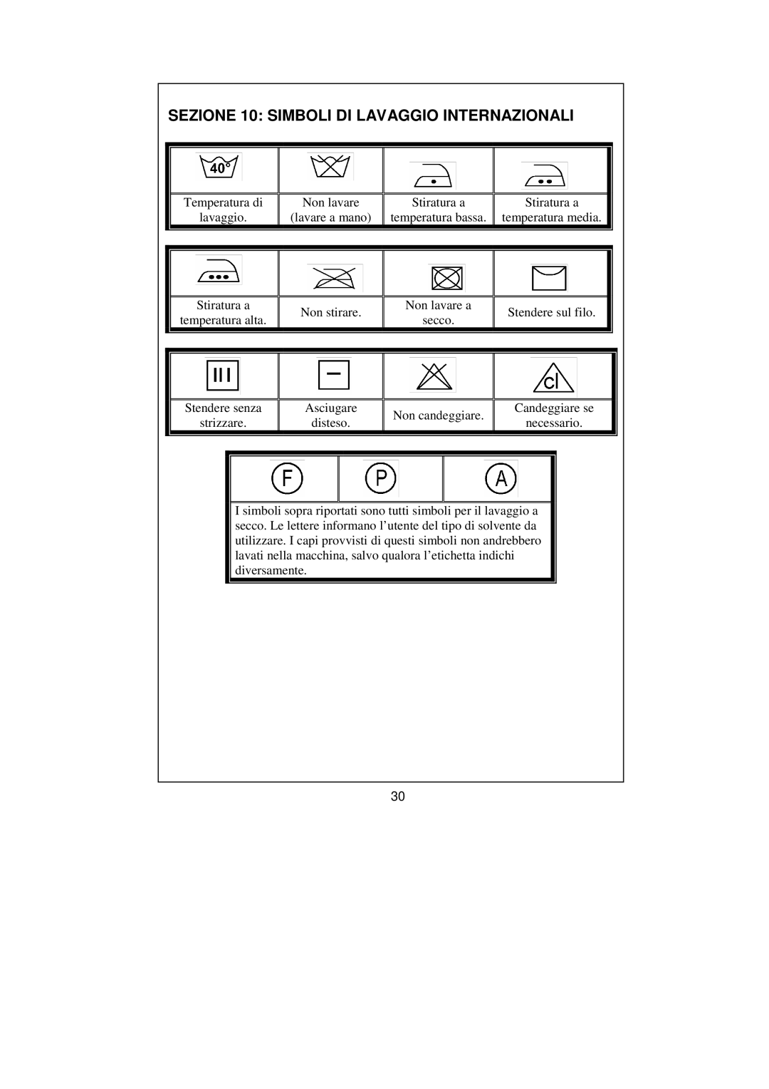 White-Westinghouse WM106 user manual Sezione 10 Simboli DI Lavaggio Internazionali 