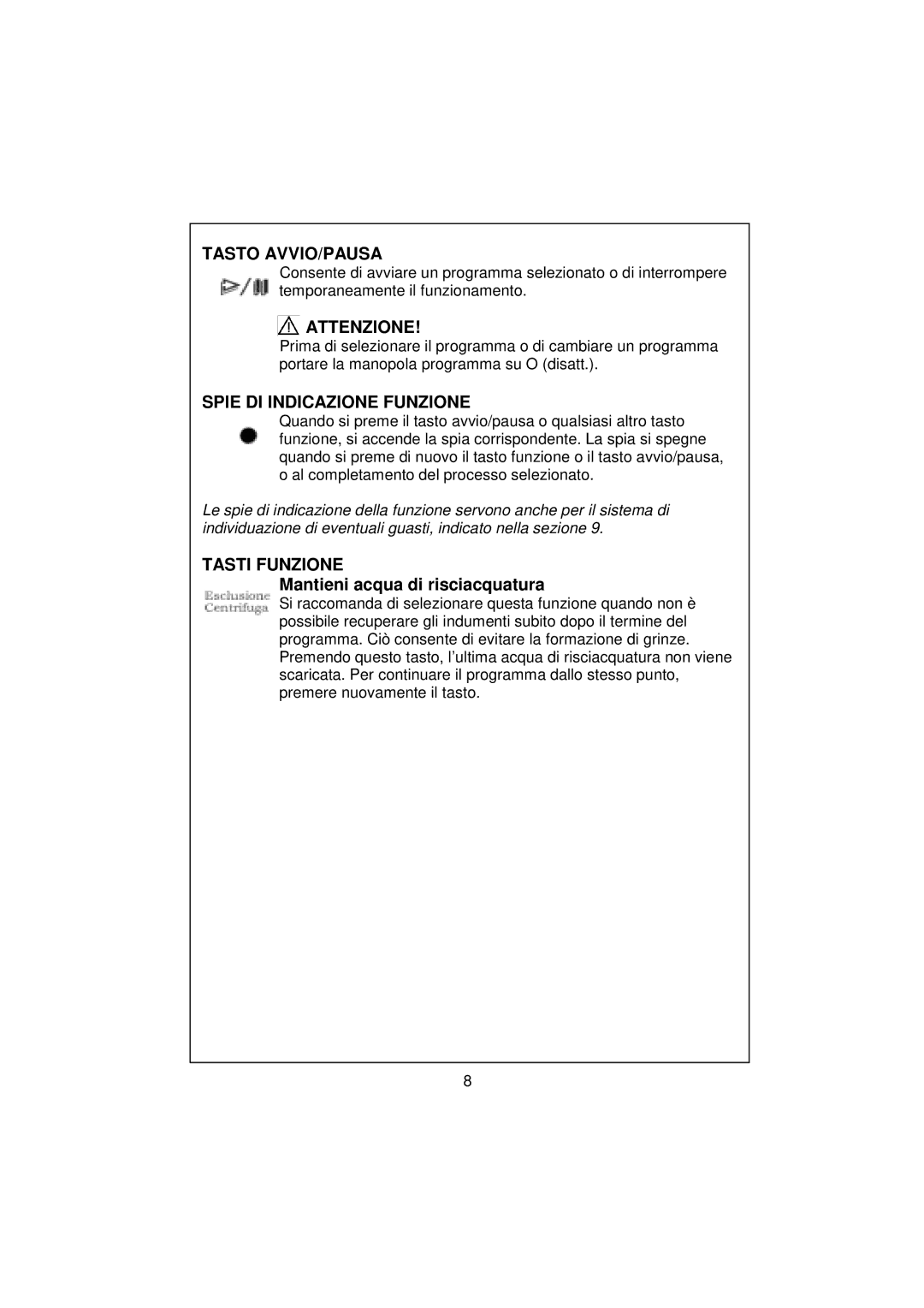 White-Westinghouse WM106 user manual Tasto AVVIO/PAUSA, Attenzione, Spie DI Indicazione Funzione, Tasti Funzione 