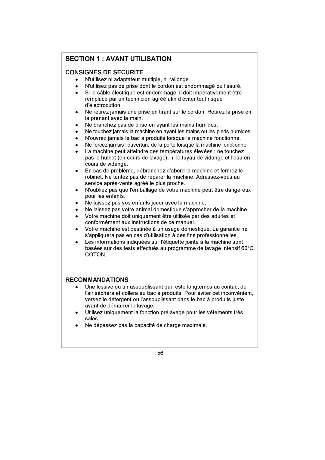 White-Westinghouse WM40T user manual Avant Utilisation, Consignes DE Securite, Recommandations 