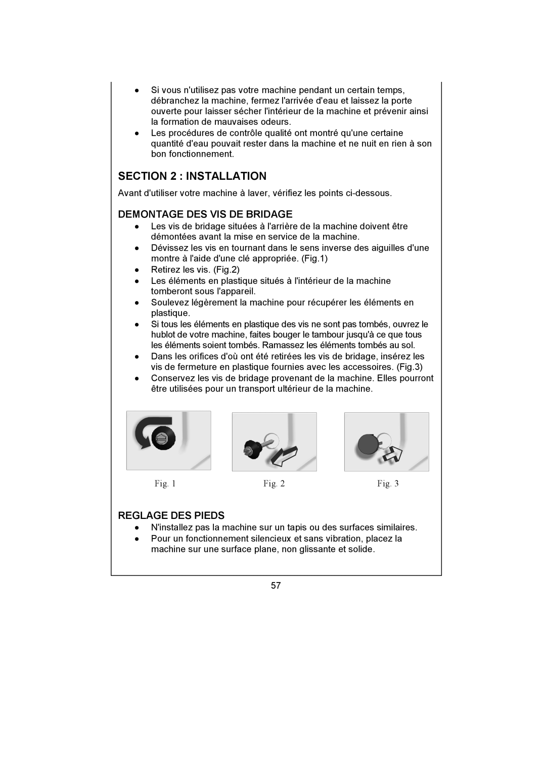 White-Westinghouse WM40T user manual Installation, Demontage DES VIS DE Bridage, Reglage DES Pieds 