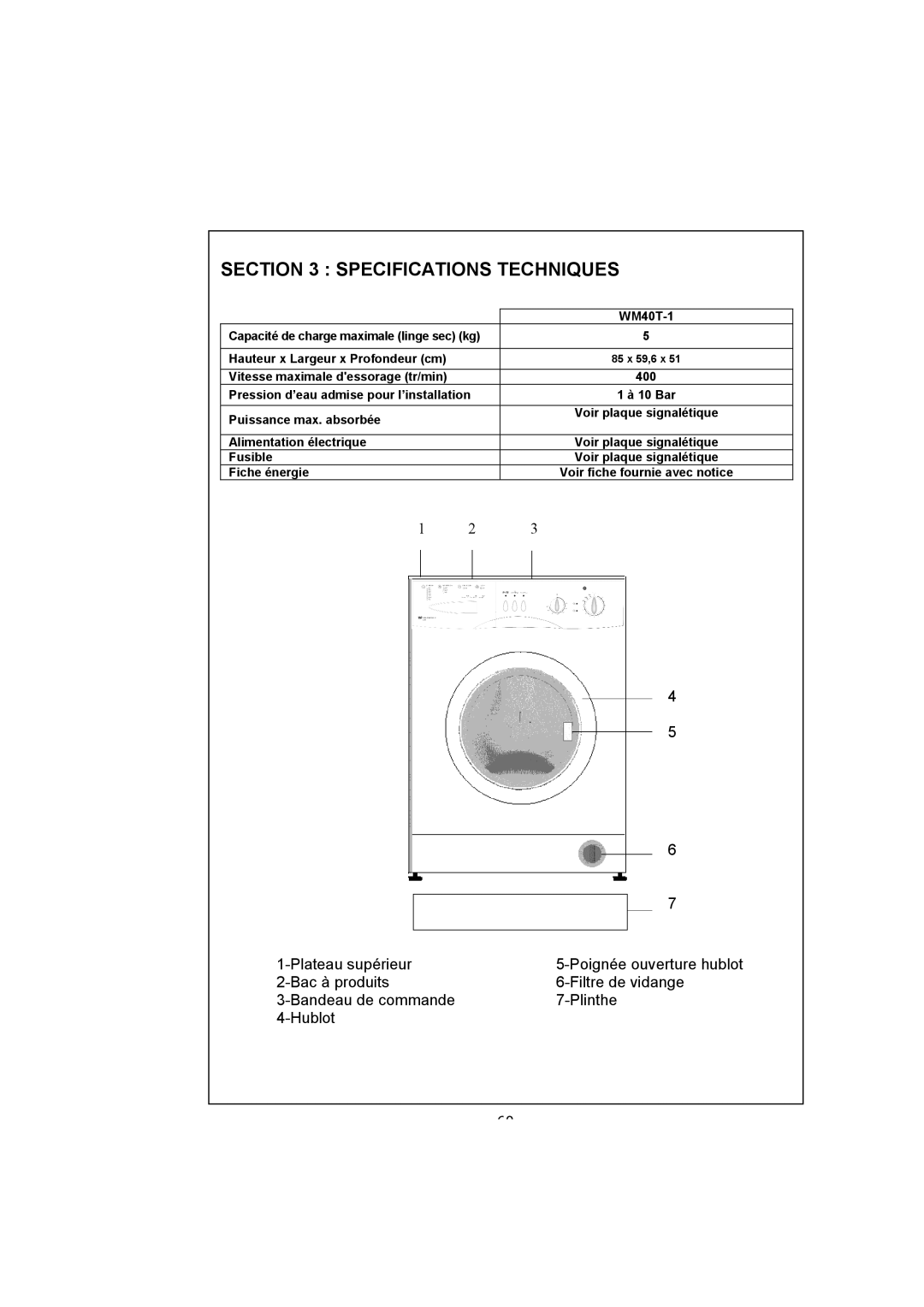 White-Westinghouse WM40T user manual Specifications Techniques 