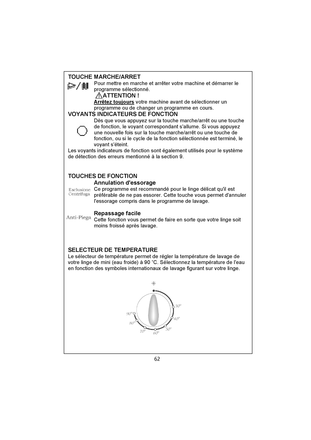 White-Westinghouse WM40T user manual Touche MARCHE/ARRET, Voyants Indicateurs DE Fonction, Touches DE Fonction 