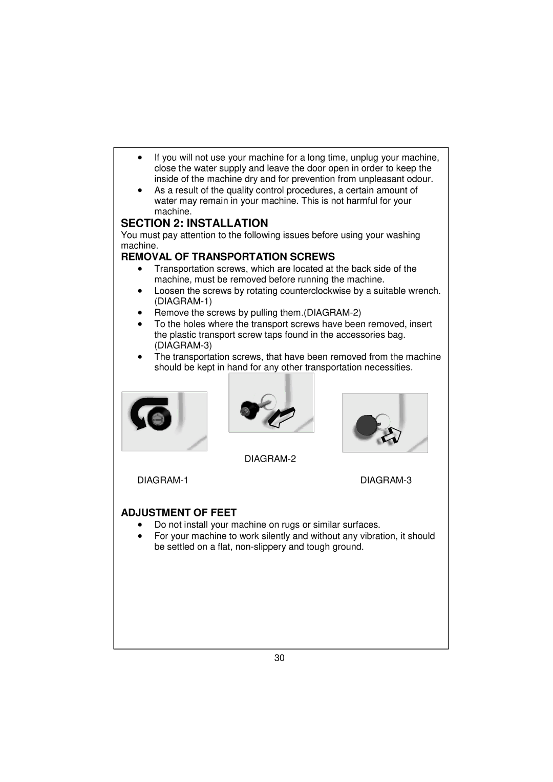 White-Westinghouse WM50T-1 user manual Installation, Removal of Transportation Screws, Adjustment of Feet 