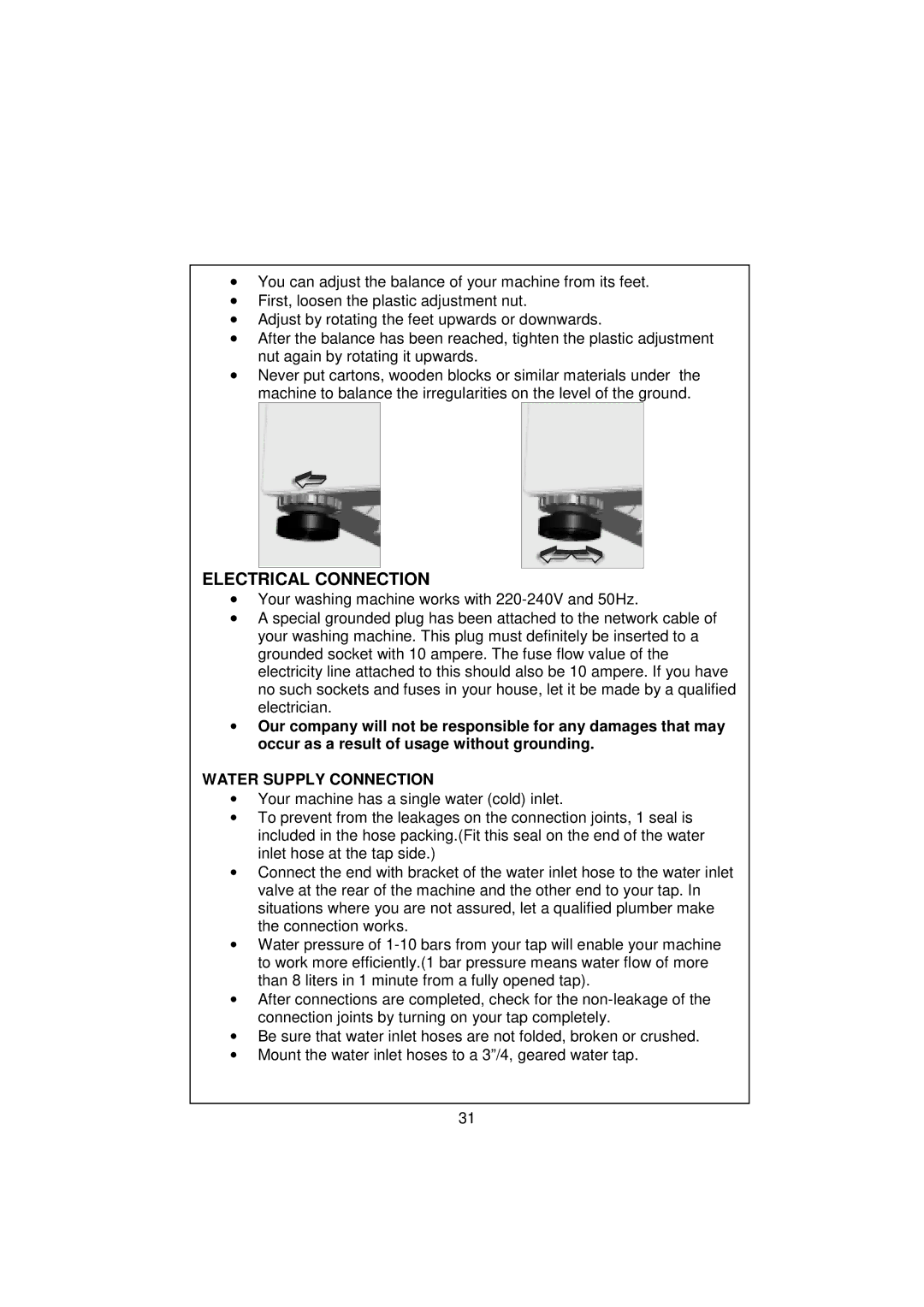 White-Westinghouse WM50T-1 user manual Electrical Connection, Water Supply Connection 