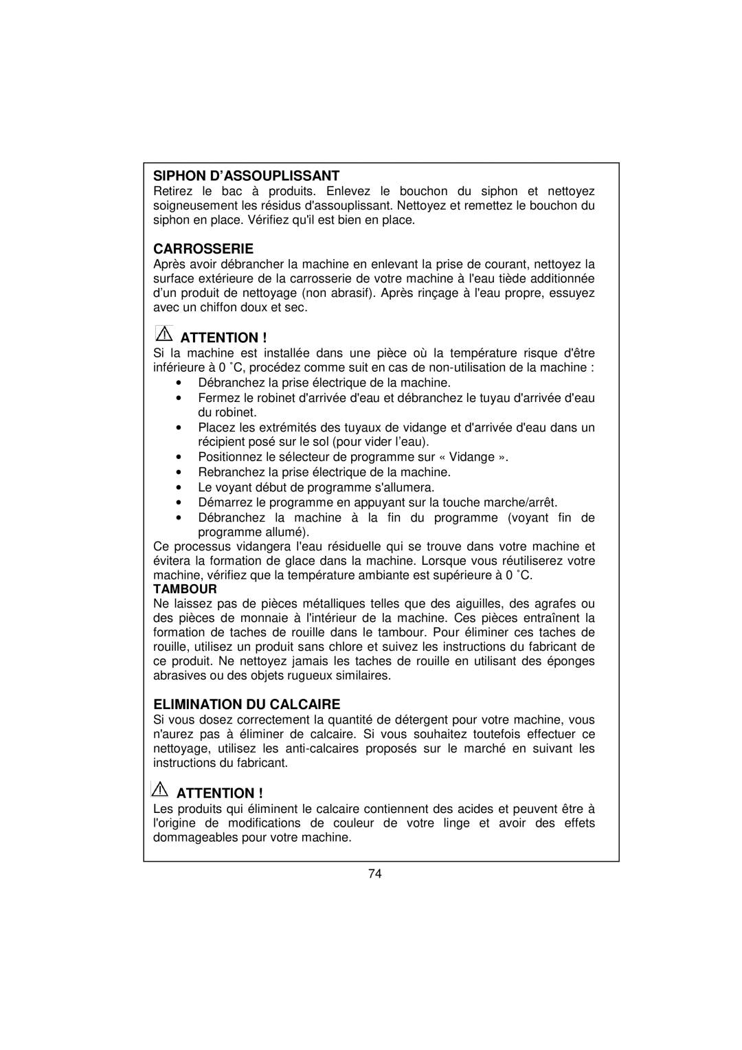 White-Westinghouse WM639 user manual Siphon D’ASSOUPLISSANT, Carrosserie, Elimination DU Calcaire 