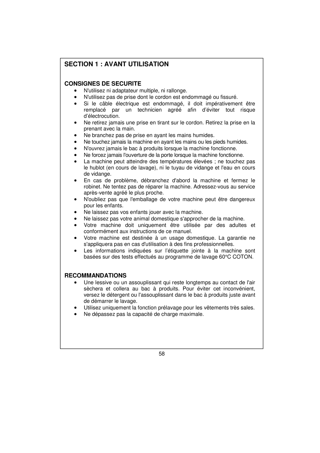 White-Westinghouse WM639 user manual Avant Utilisation, Consignes DE Securite, Recommandations 