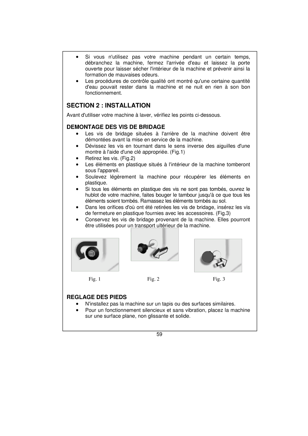 White-Westinghouse WM639 user manual Installation, Demontage DES VIS DE Bridage, Reglage DES Pieds 