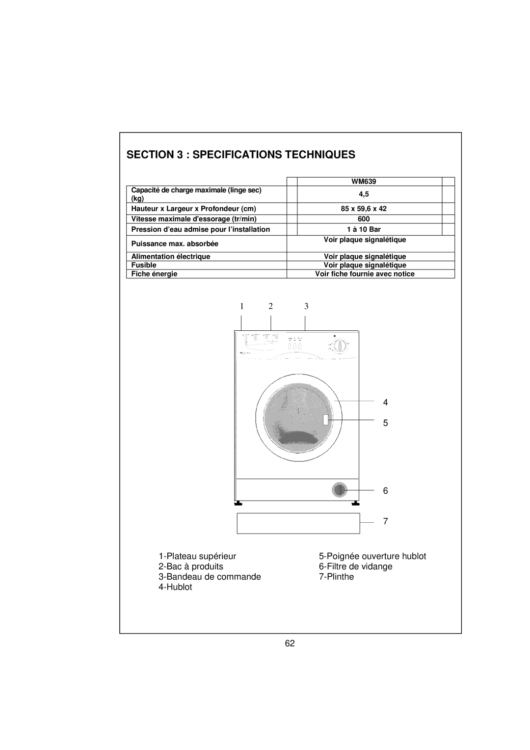 White-Westinghouse WM639 user manual Specifications Techniques 