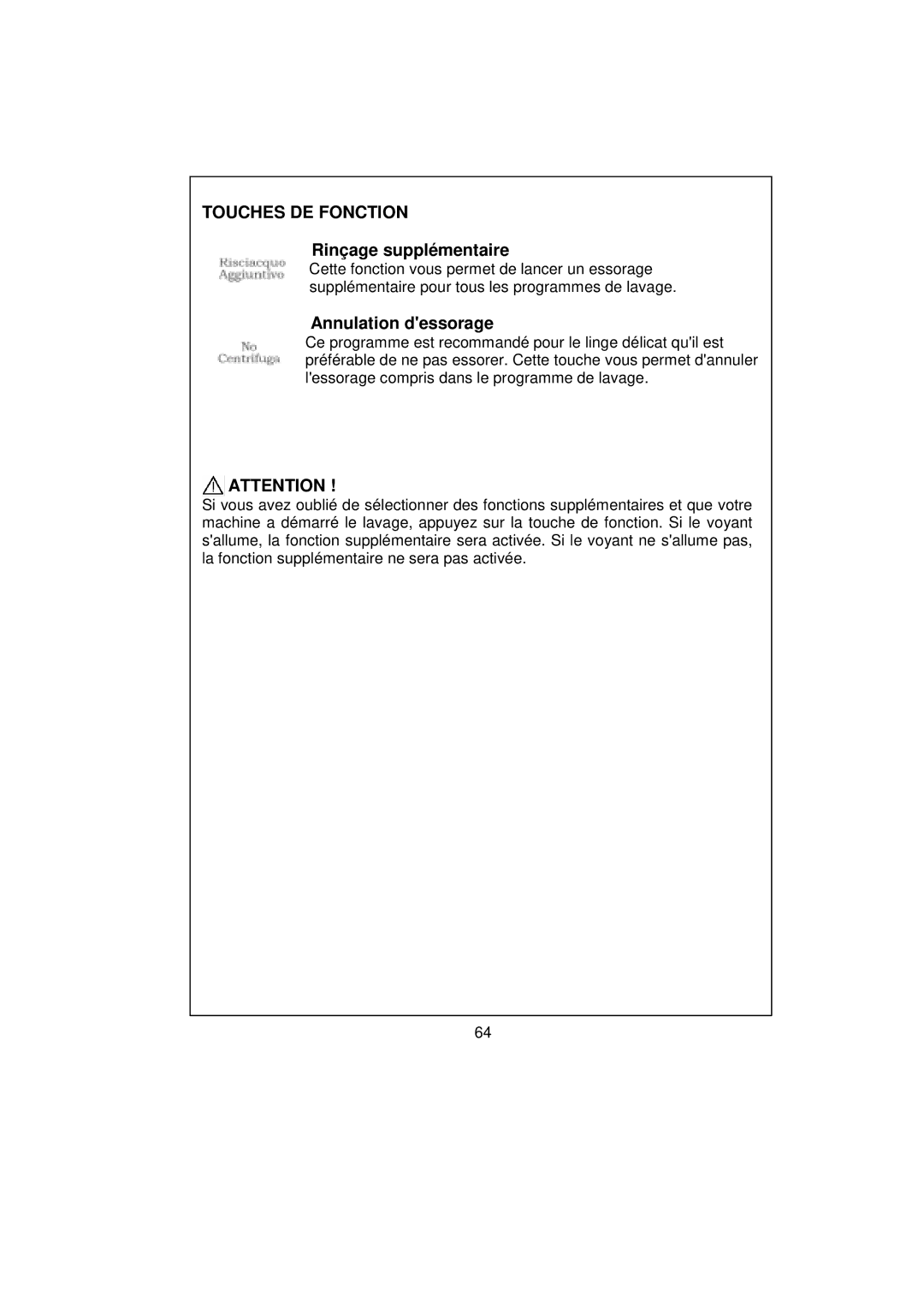 White-Westinghouse WM639 user manual Touches DE Fonction, Rinçage supplémentaire 