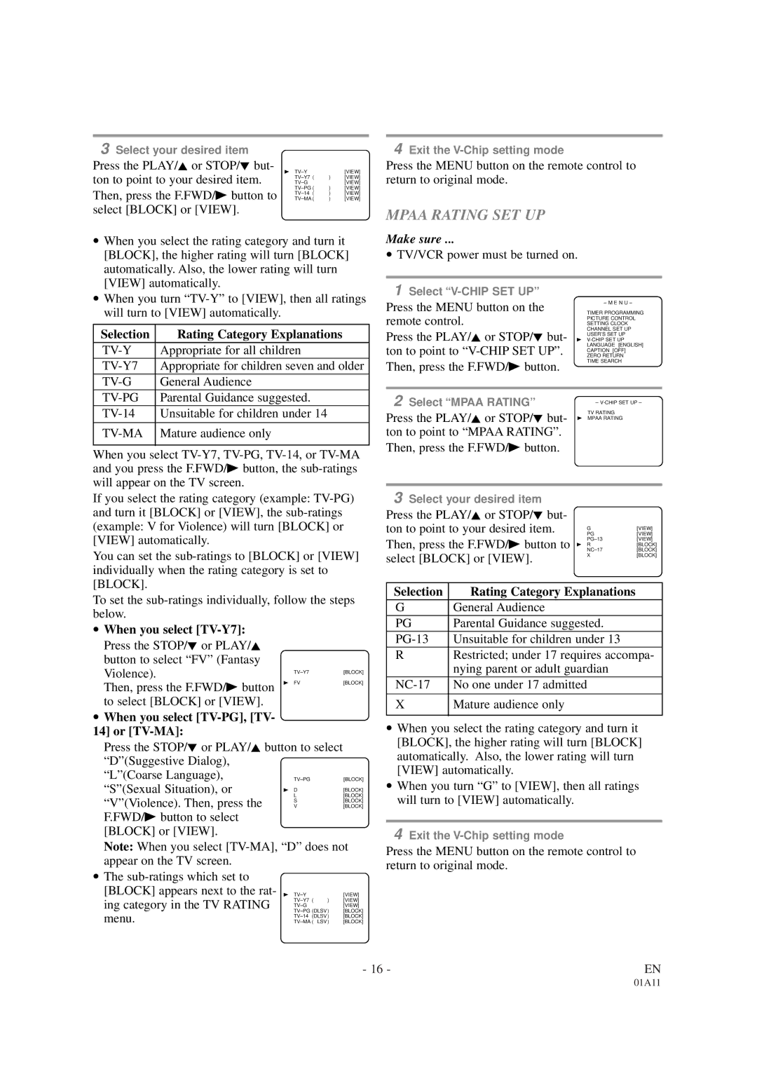 White-Westinghouse WTV11321B owner manual Mpaa Rating SET UP, Selection Rating Category Explanations, When you select TV-Y7 