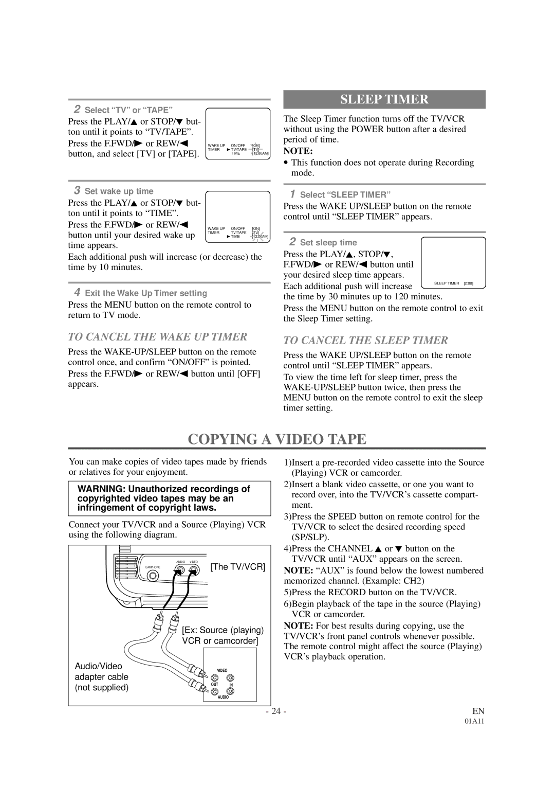 White-Westinghouse WTV11321B owner manual Copying a Video Tape, To Cancel the Wake UP Timer, To Cancel the Sleep Timer 