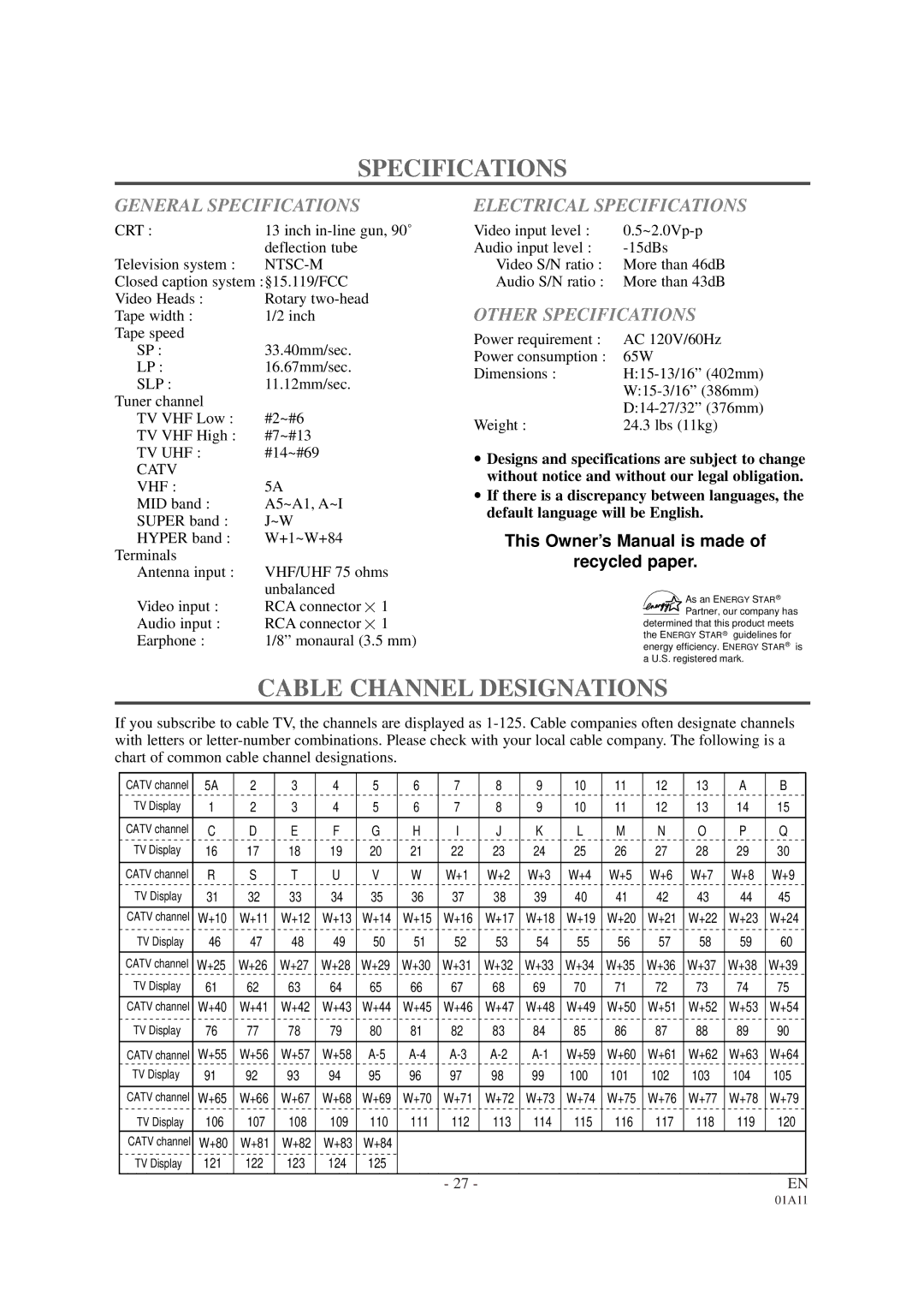 White-Westinghouse WTV11321B owner manual Cable Channel Designations, General Specifications, Electrical Specifications 