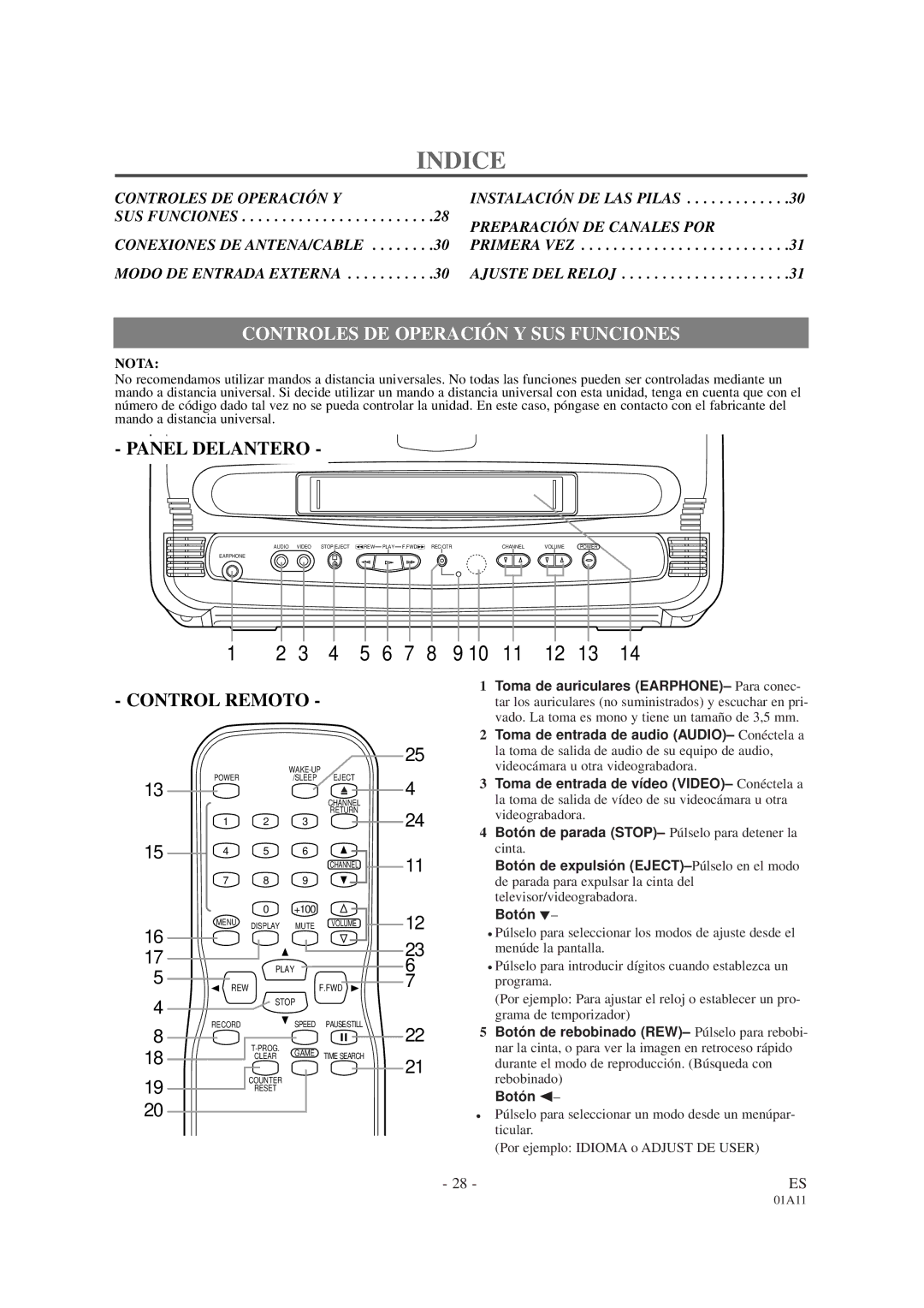 White-Westinghouse WTV11321B owner manual Indice, Controles DE Operación Y SUS Funciones 