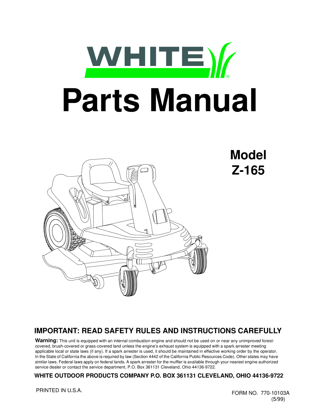 White Z-165 manual Parts Manual 