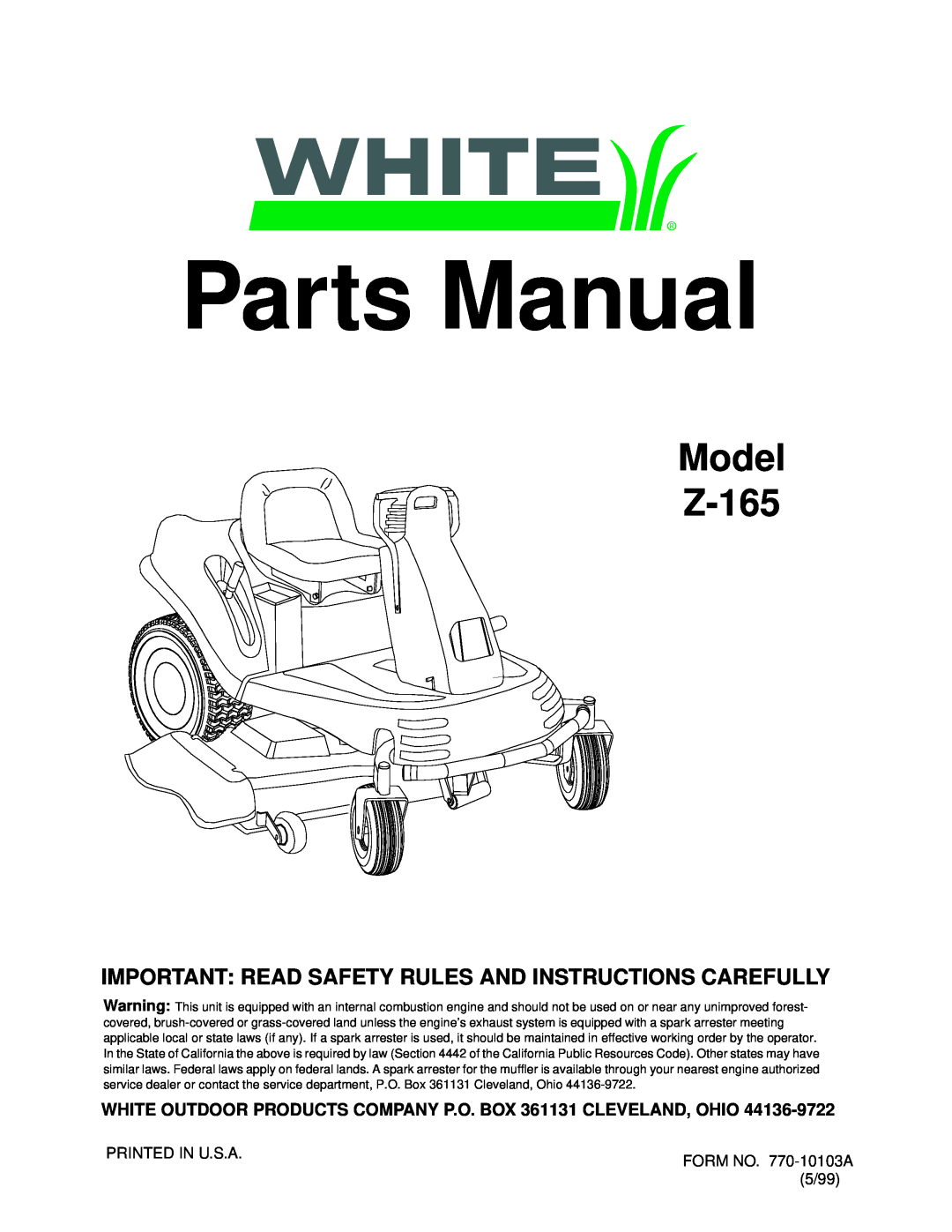 White manual Model Z-165, FORM NO. 770-10103A, 5/99, Parts Manual 