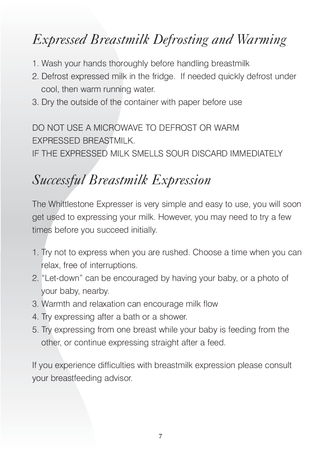 Whittlestone Expresser manual Expressed Breastmilk Defrosting and Warming, Successful Breastmilk Expression 