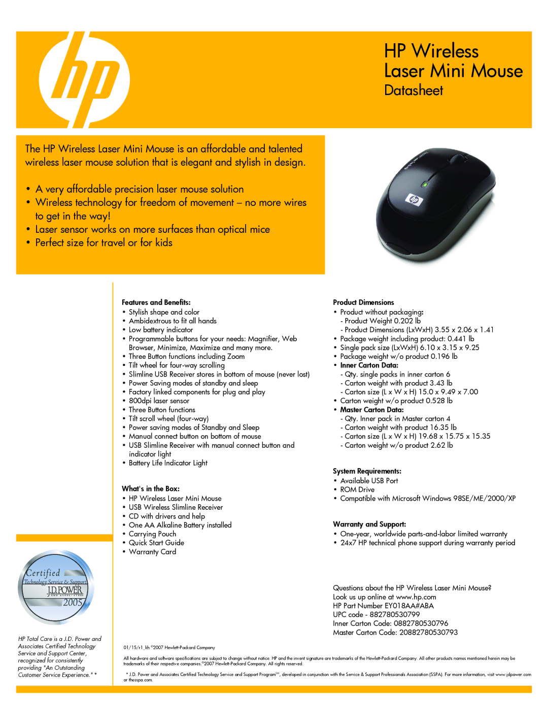 WHP Wireless quick start HP Wireless Laser Mini Mouse, Datasheet 