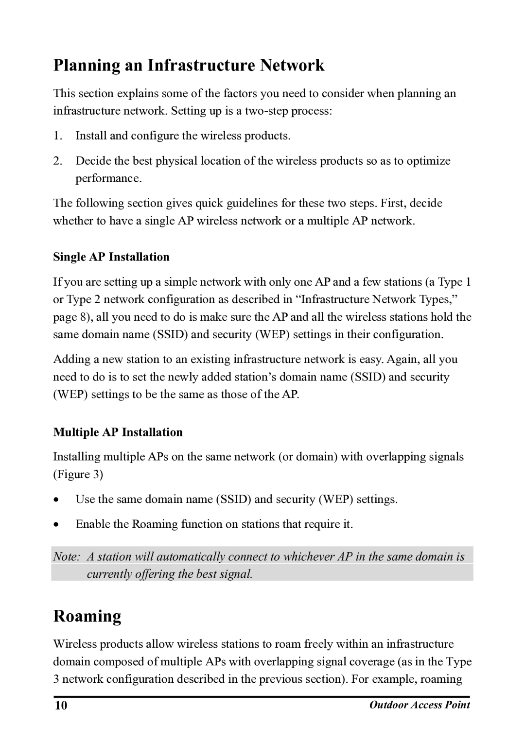 WHP Wireless WHP-1100 Planning an Infrastructure Network, Roaming, Single AP Installation, Multiple AP Installation 