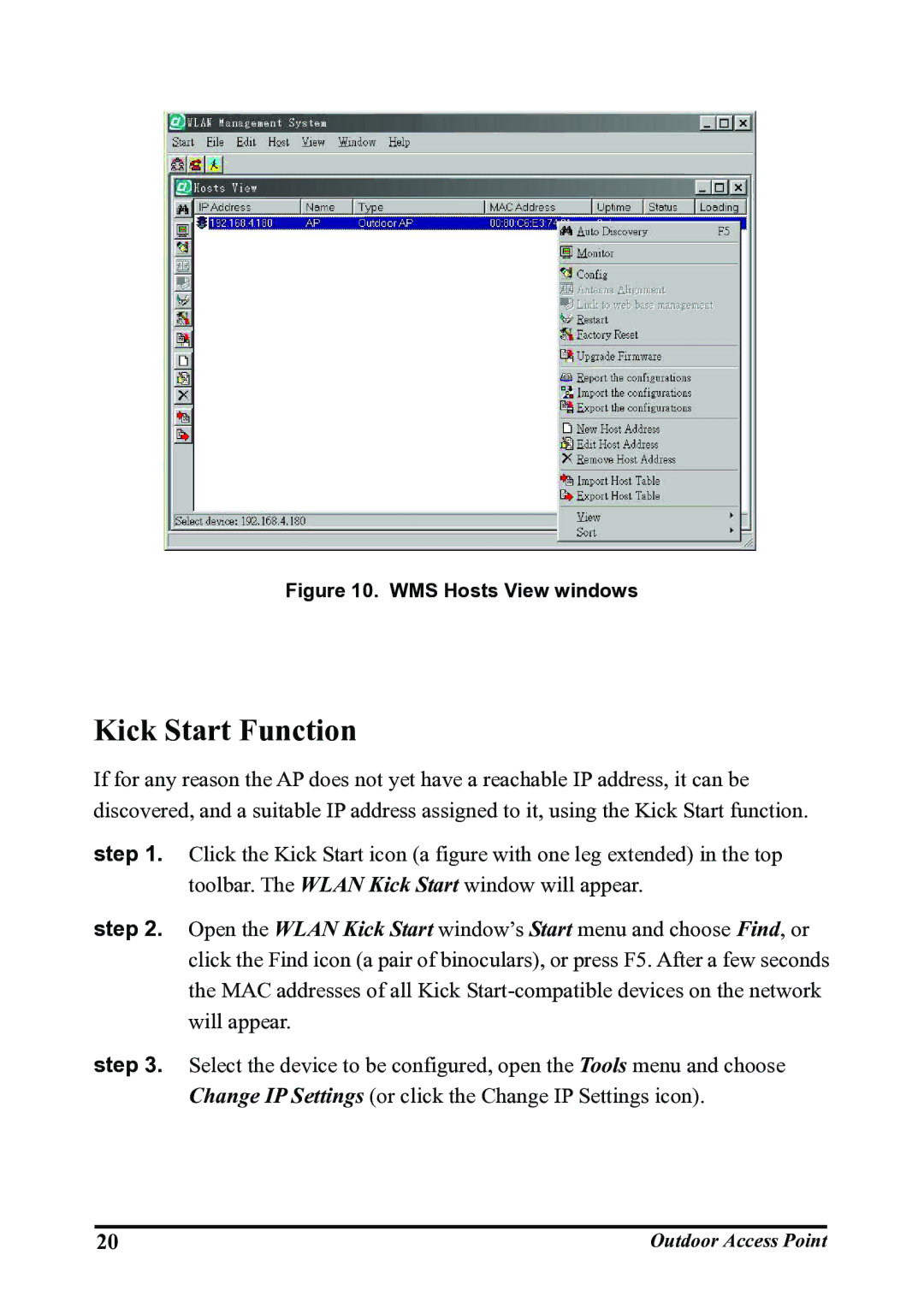 WHP Wireless WHP-1130, WHP-1120, WHP-1100 user manual Kick Start Function, WMS Hosts View windows 