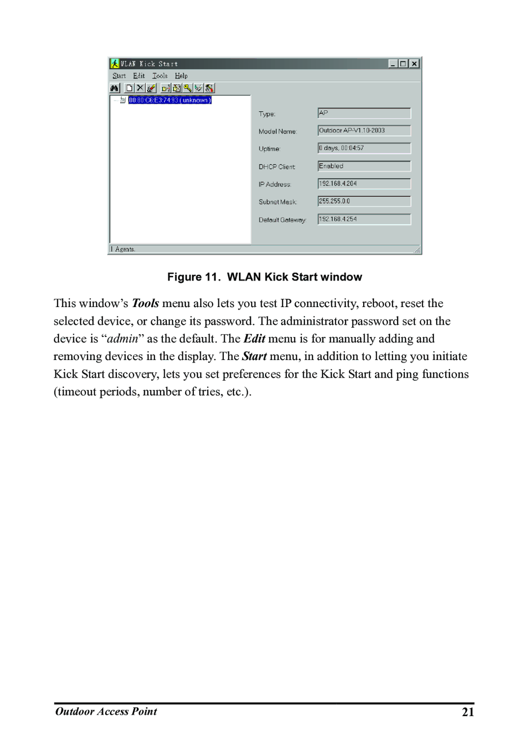 WHP Wireless WHP-1120, WHP-1100, WHP-1130 user manual Wlan Kick Start window 