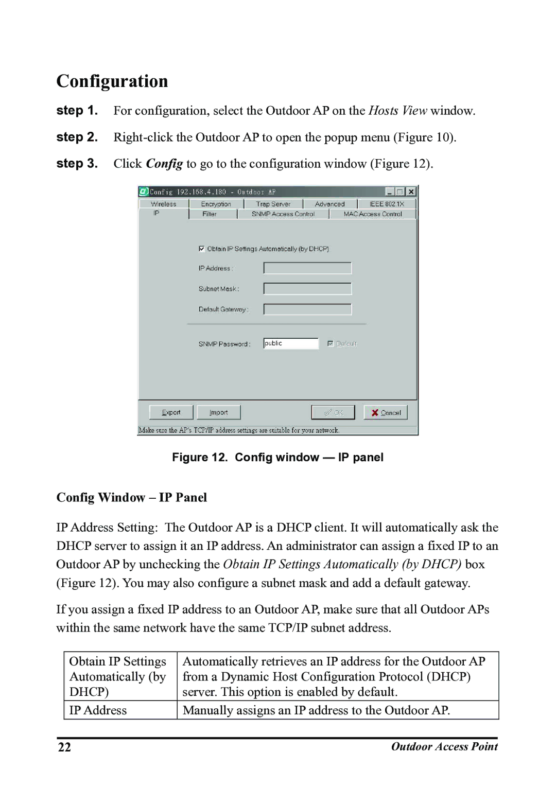 WHP Wireless WHP-1100, WHP-1120, WHP-1130 user manual Configuration, Config Window IP Panel 