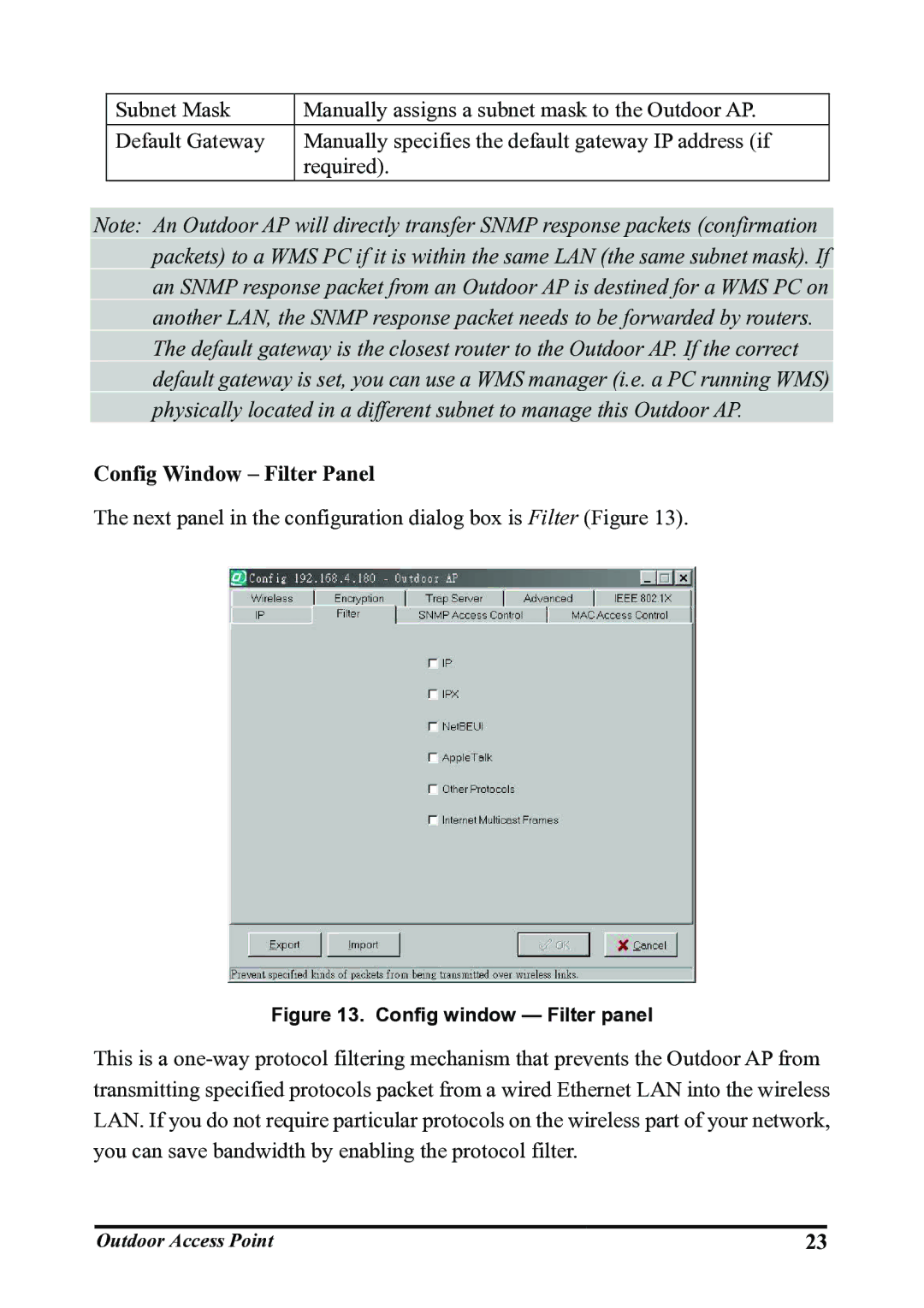 WHP Wireless WHP-1130, WHP-1120, WHP-1100 user manual Config Window Filter Panel, Config window Filter panel 