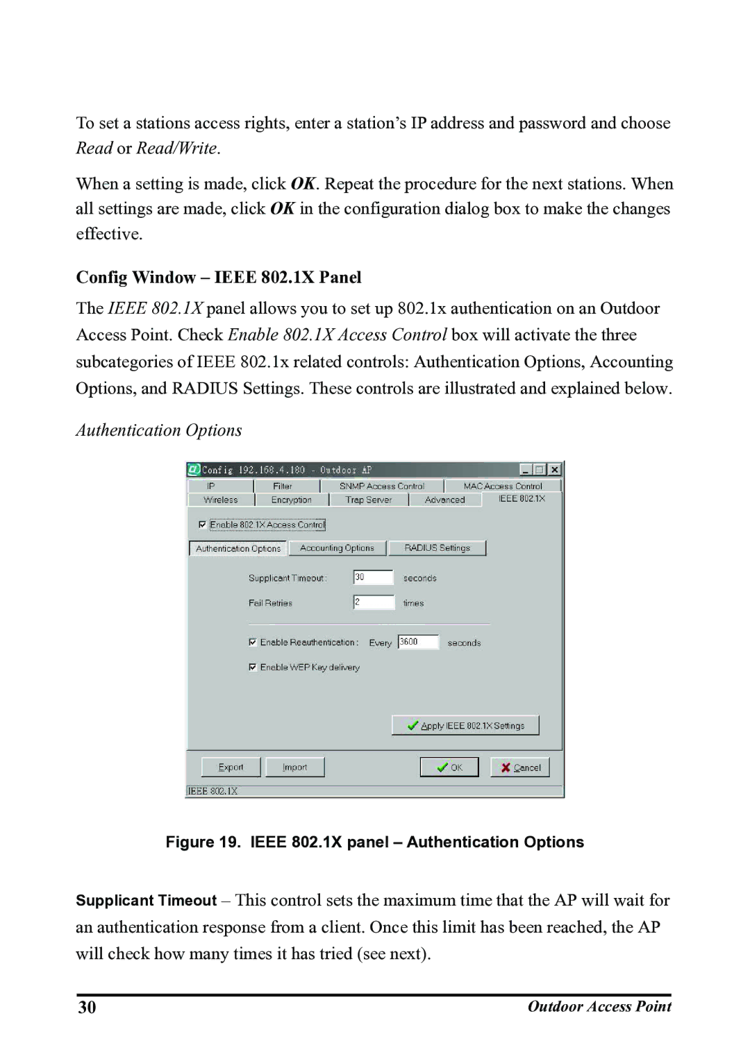 WHP Wireless WHP-1120, WHP-1100, WHP-1130 user manual Config Window Ieee 802.1X Panel, Authentication Options 