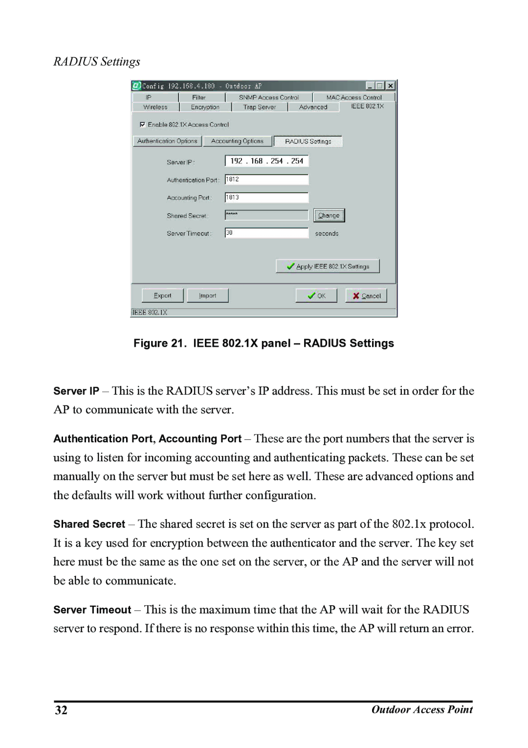 WHP Wireless WHP-1130, WHP-1120, WHP-1100 user manual Radius Settings 