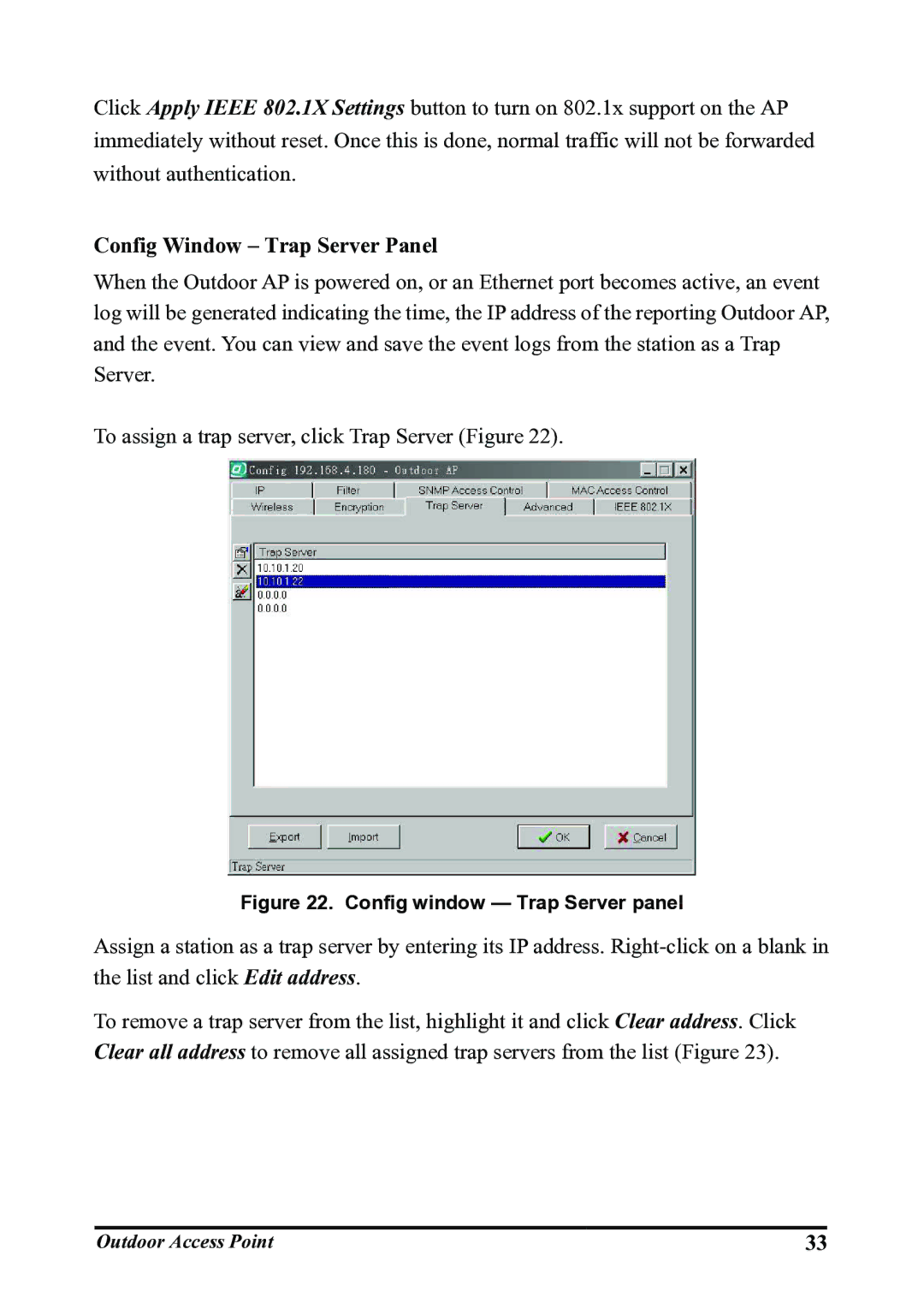 WHP Wireless WHP-1120, WHP-1100, WHP-1130 user manual Config Window Trap Server Panel, Config window Trap Server panel 