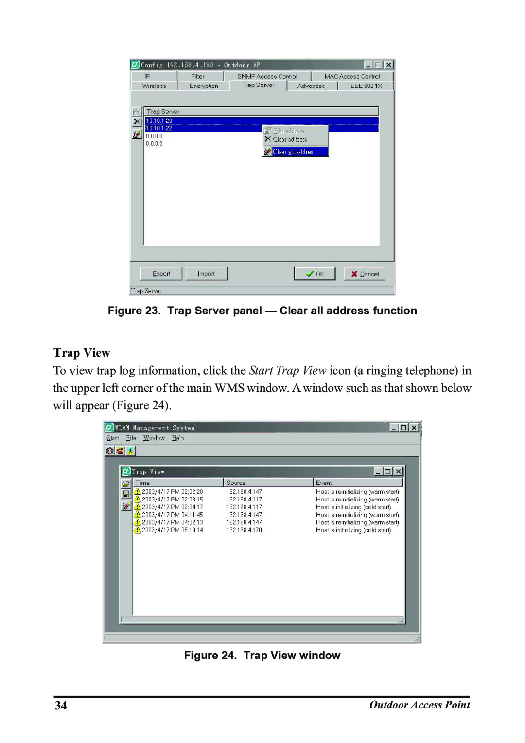 WHP Wireless WHP-1100, WHP-1120, WHP-1130 user manual Trap View, Trap Server panel Clear all address function 