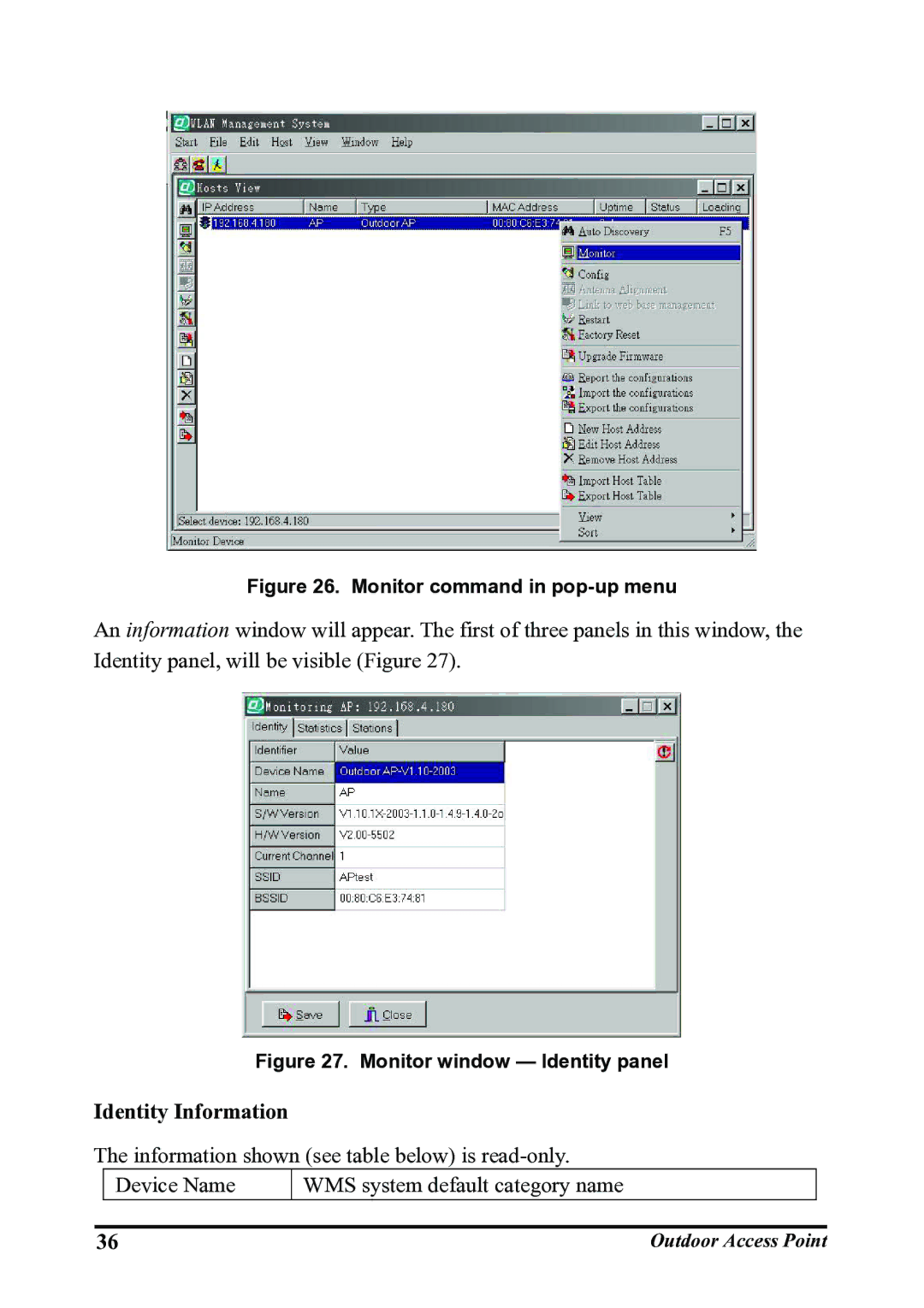 WHP Wireless WHP-1120, WHP-1100, WHP-1130 user manual Identity Information, Monitor command in pop-up menu 